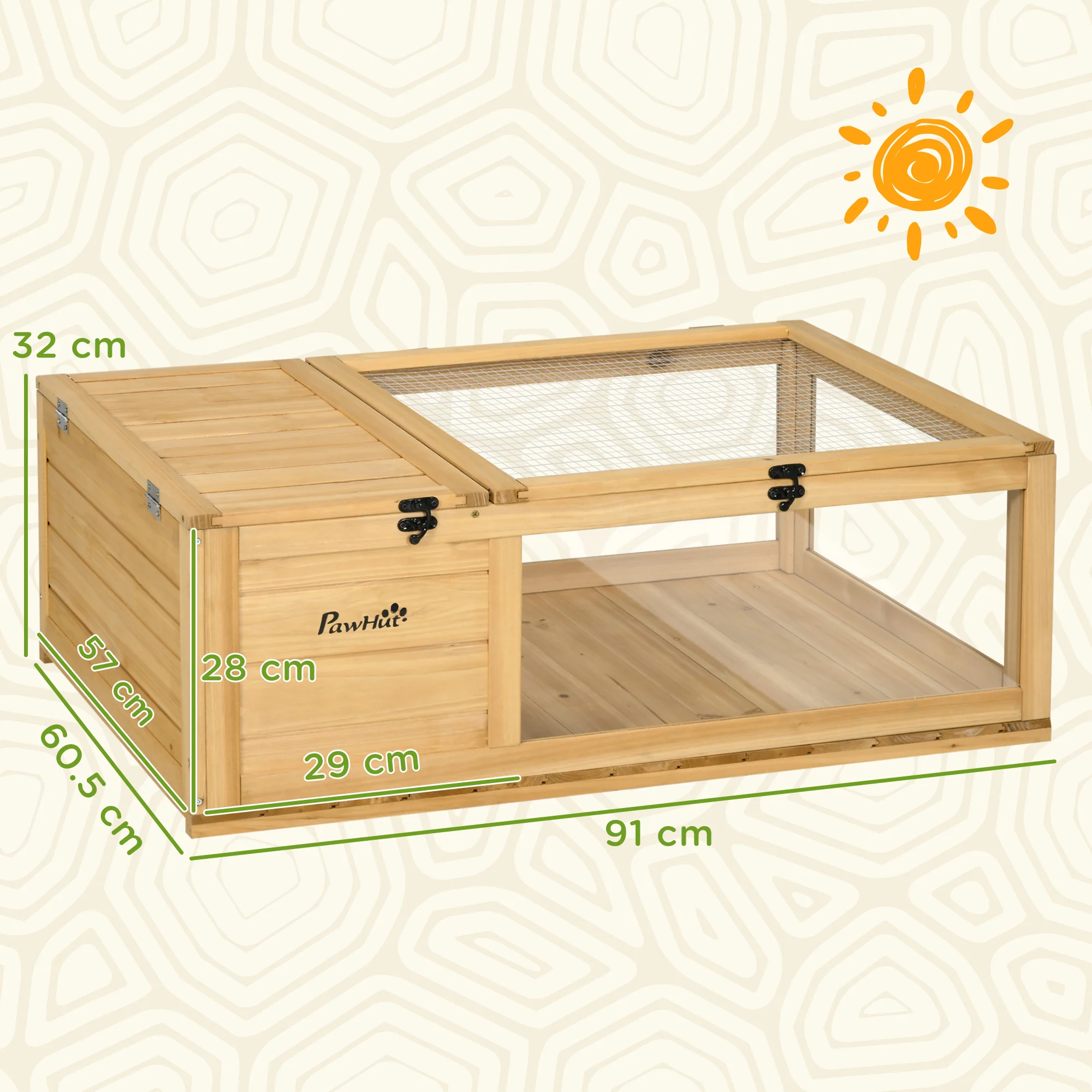 PawHut Tortoise House W/ Mesh Roof, Small Pet Reptile Wooden House - Yellow - Image 5