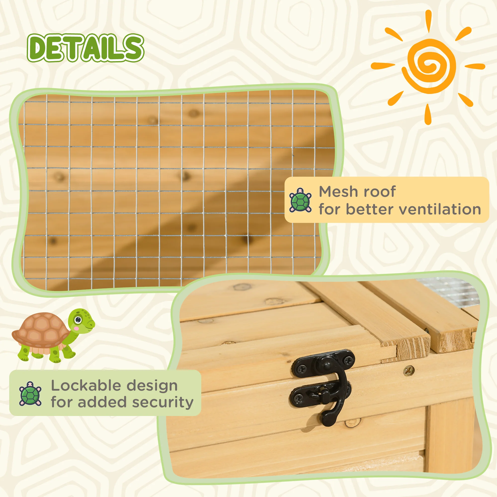 PawHut Tortoise House W/ Mesh Roof, Small Pet Reptile Wooden House - Yellow - Image 6
