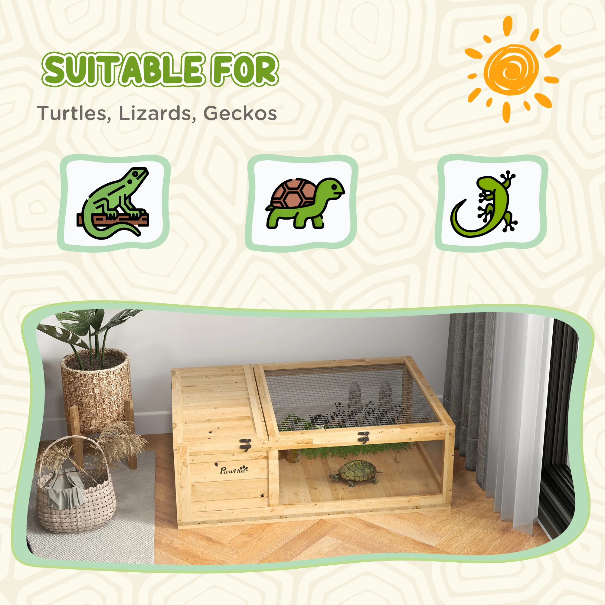 PawHut Tortoise House W/ Mesh Roof, Small Pet Reptile Wooden House - Yellow - Image 7