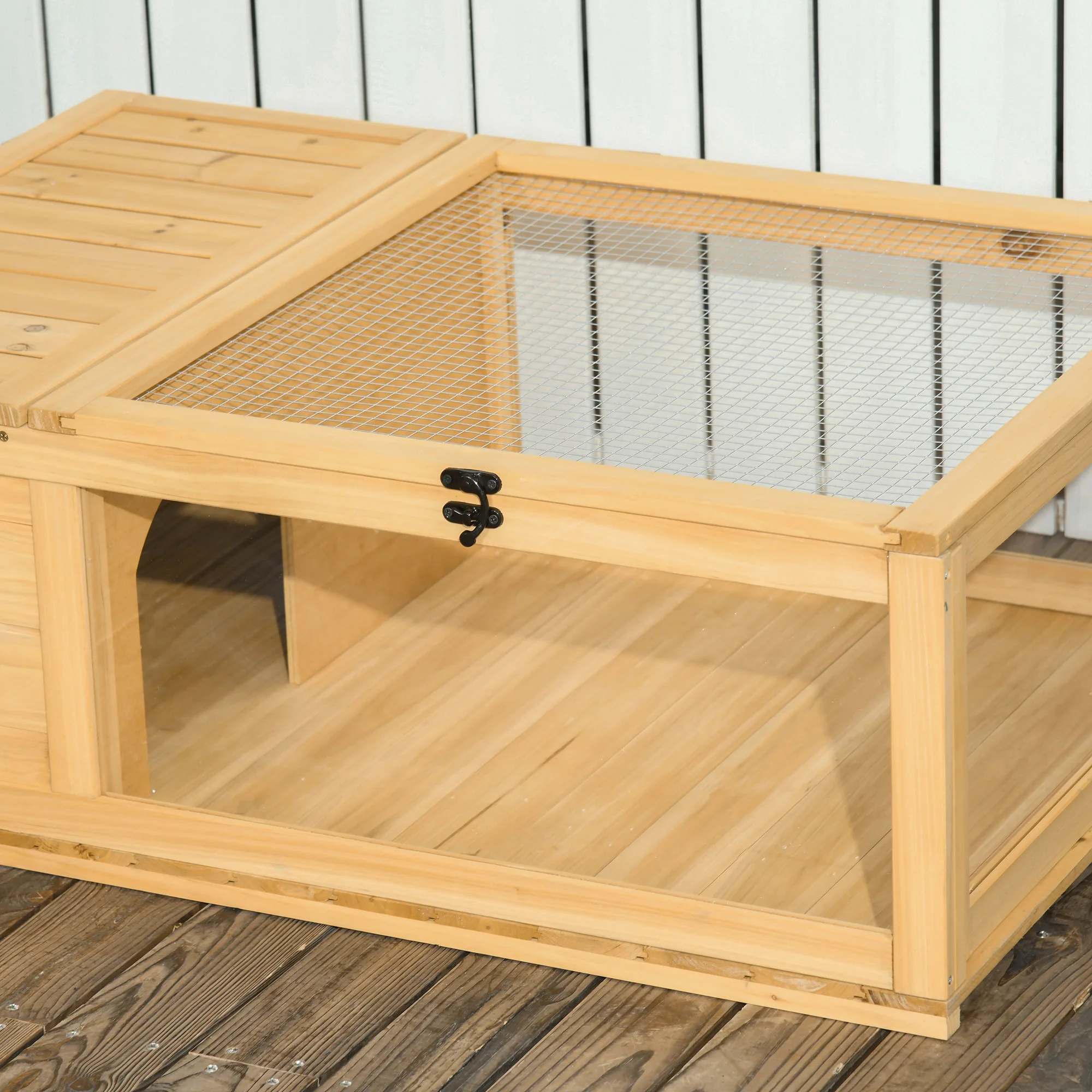 PawHut Tortoise House W/ Mesh Roof, Small Pet Reptile Wooden House - Yellow - Image 8