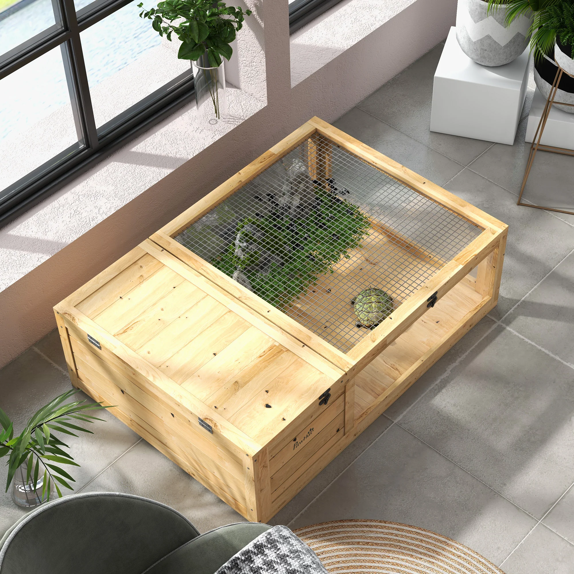 PawHut Tortoise House W/ Mesh Roof, Small Pet Reptile Wooden House - Yellow - Image 9