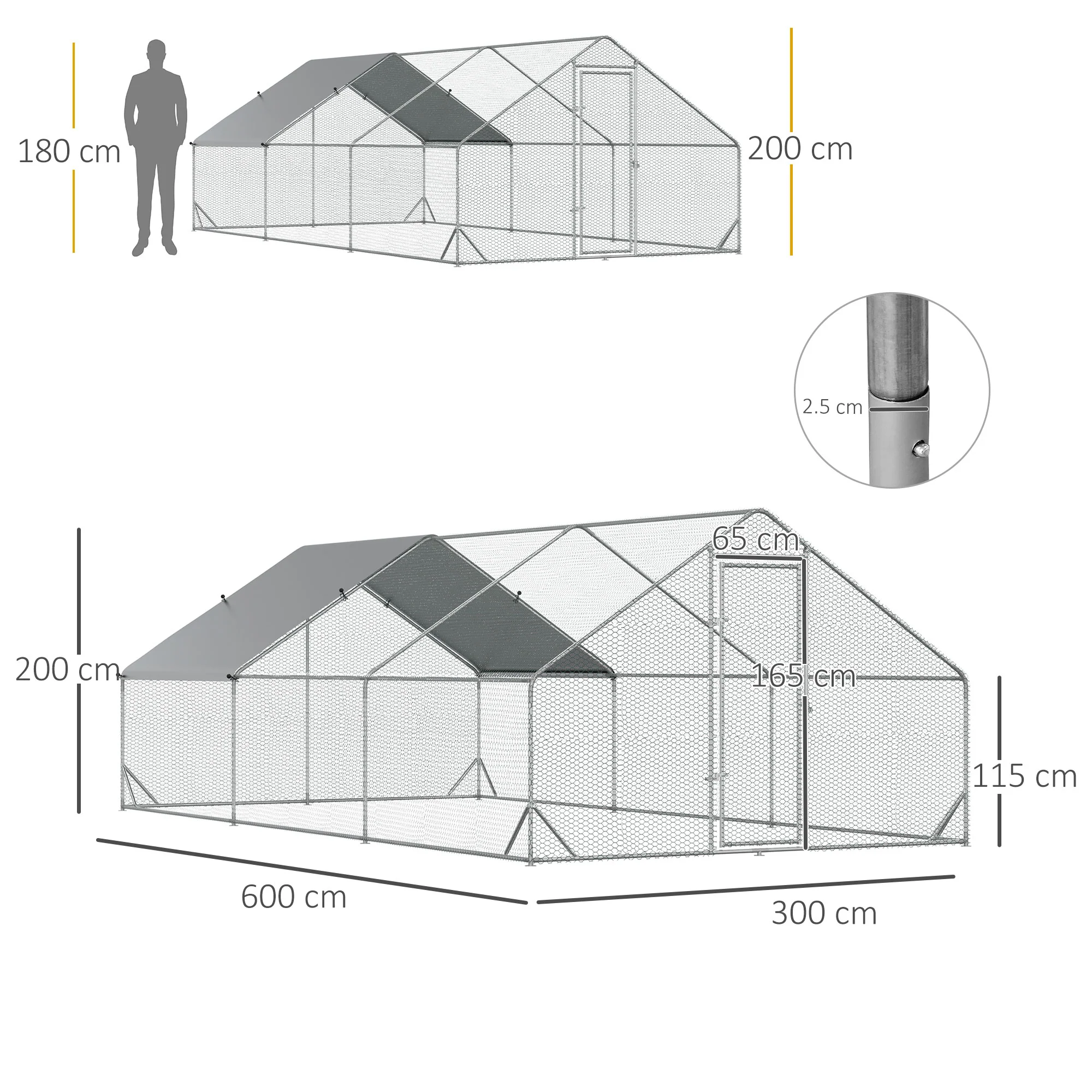 PawHut Walk In Chicken Run Large Galvanised Chicken Coop w/ Cover 6 x 3 x 2m - Image 5