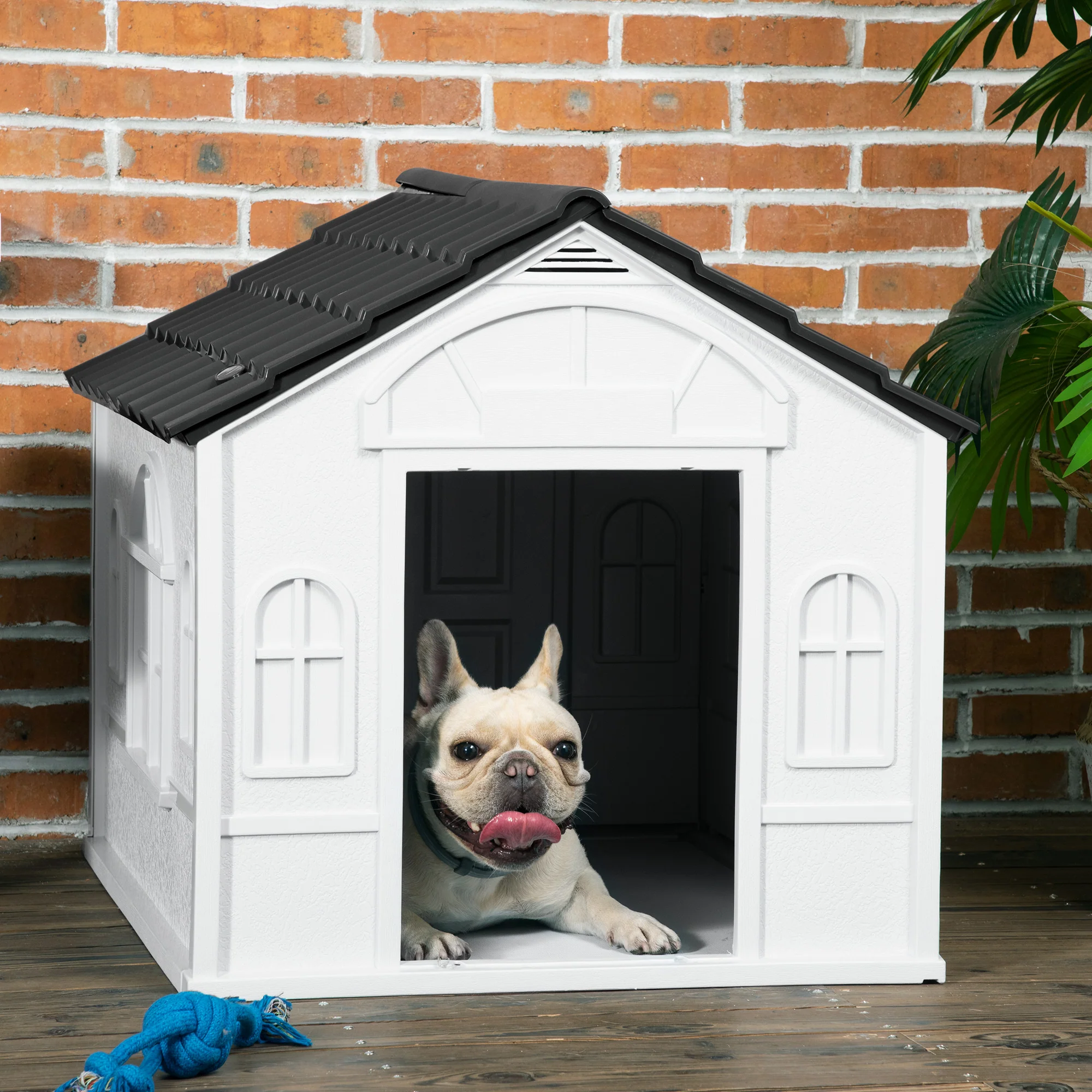 PawHut Weather-Resistant Dog House, Puppy Shelter for Medium Dogs - Grey - Image 2