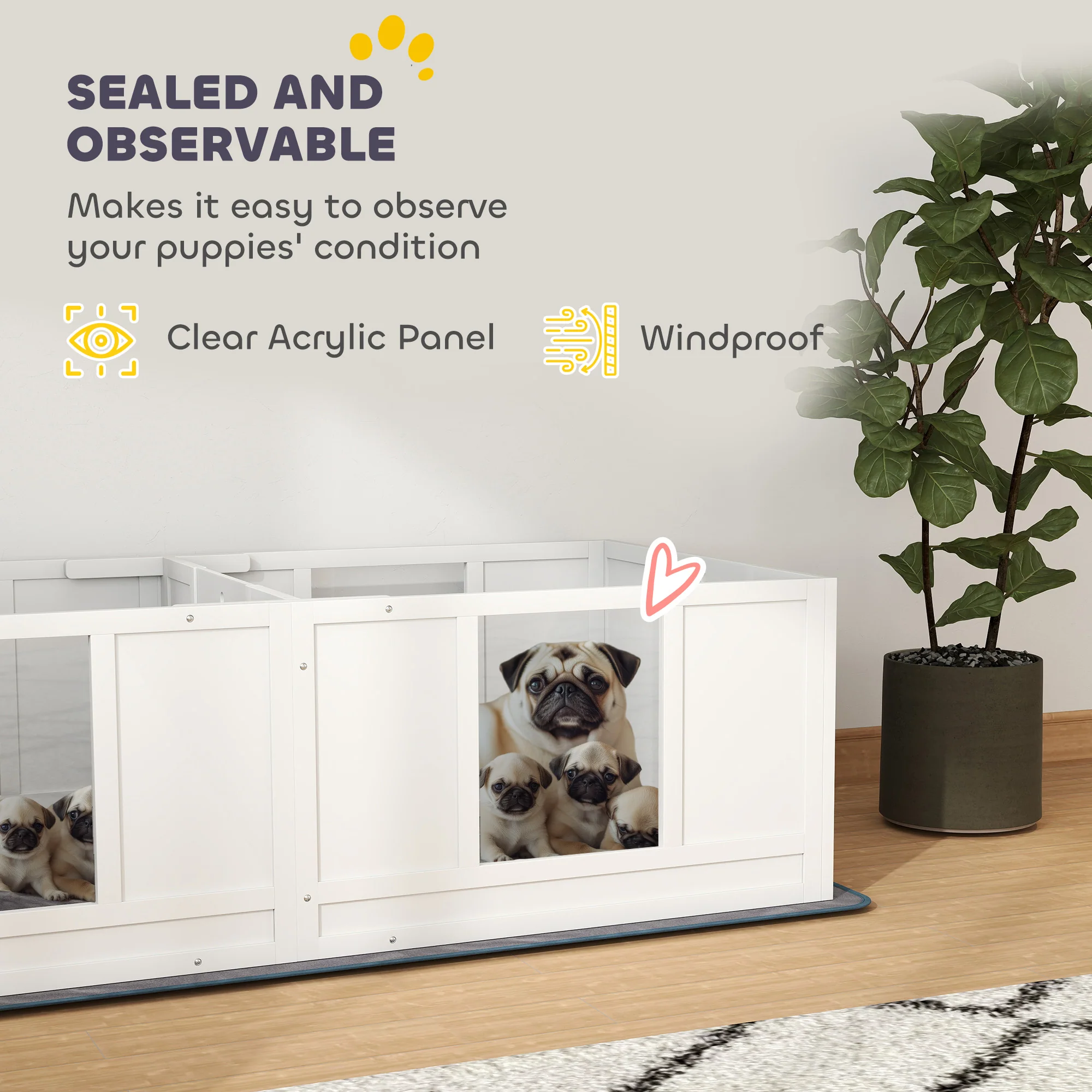PawHut Whelping Box for Dogs with Whelping Pad, Two Room Design - White - Image 6