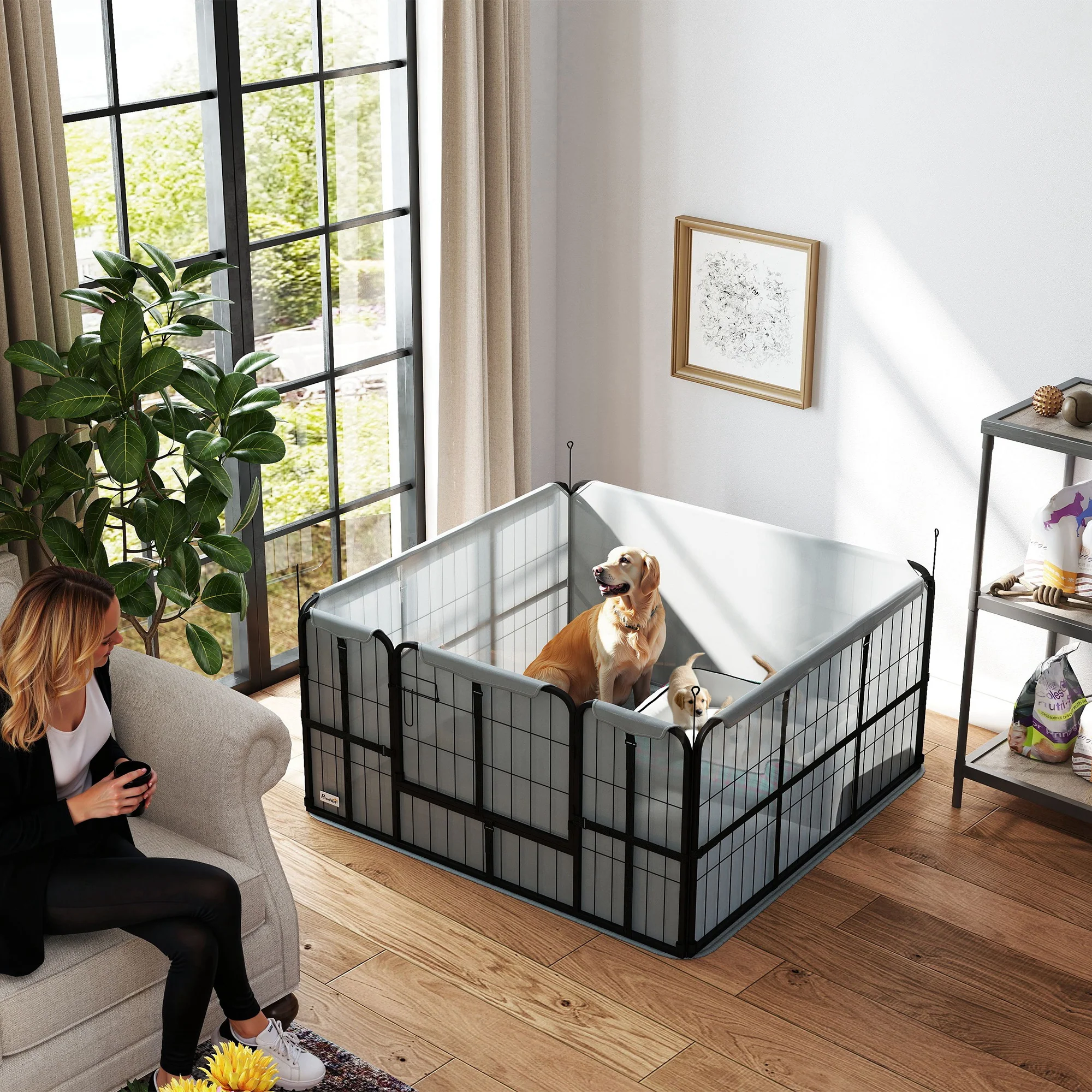PawHut Whelping Box W/ Washable Whelping Pad, Wind-Resistant Cloth, Black - Image 2