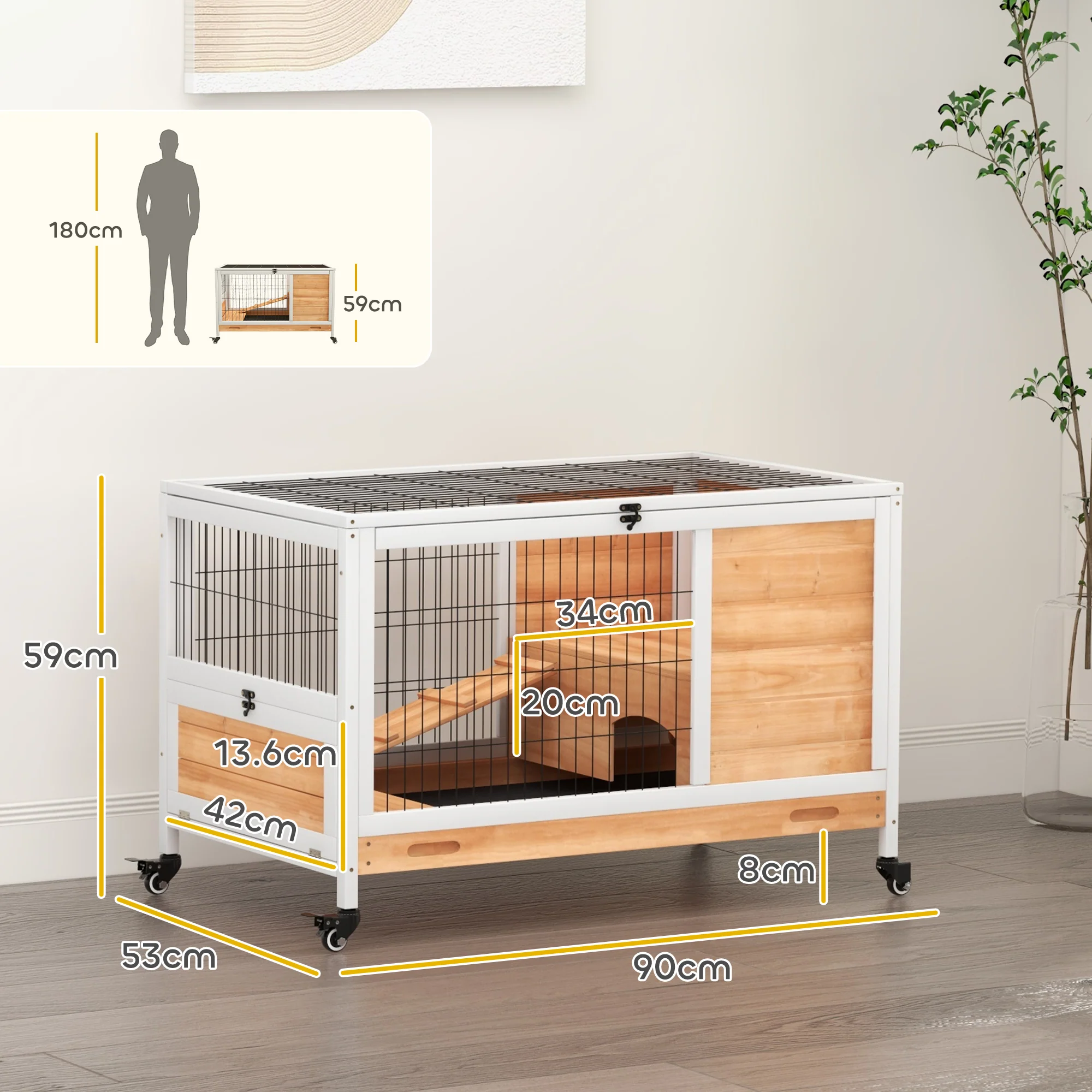 PawHut Wood Indoor Rabbit Hutch 2-Floor Design W/ Wheels, Yellow - Image 5