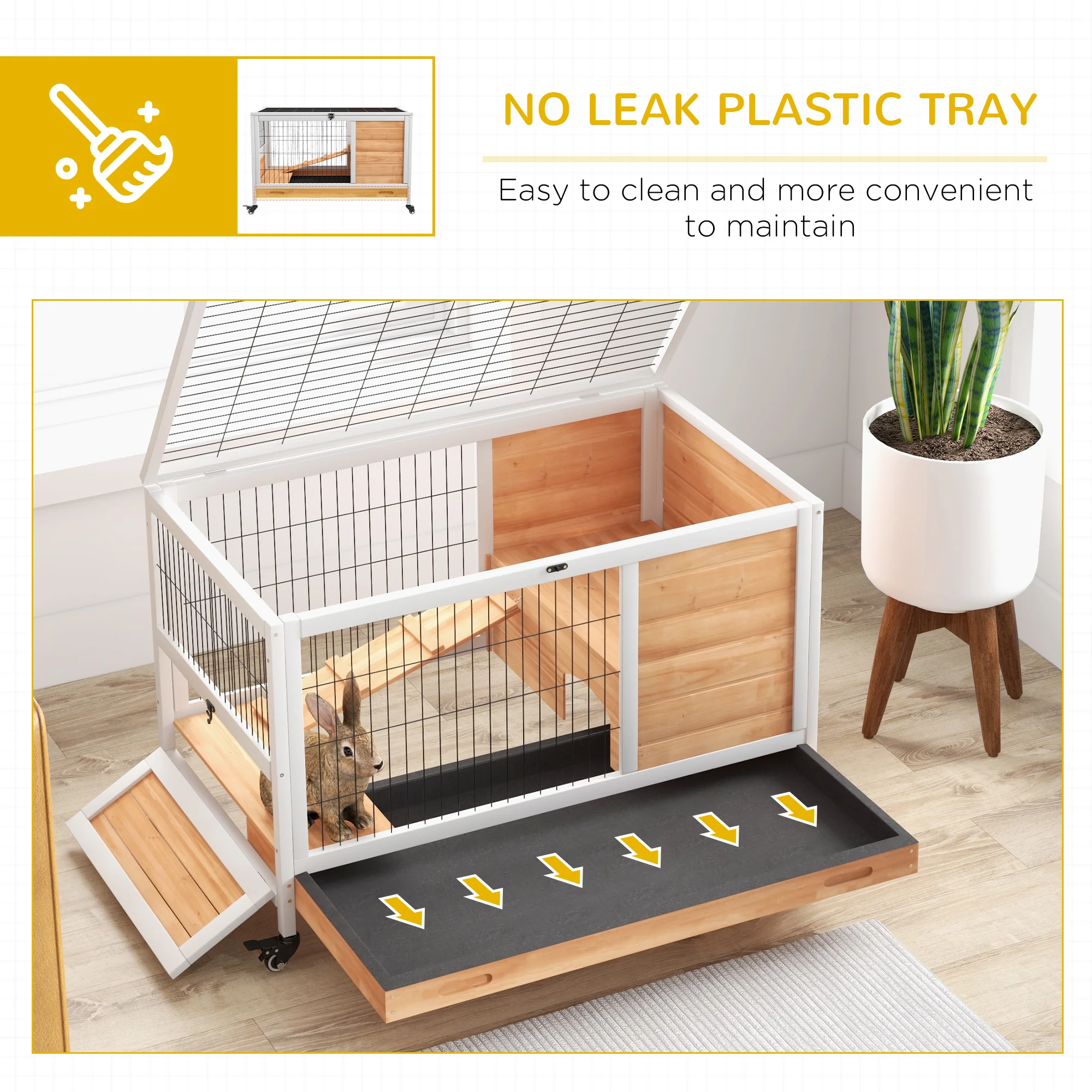 PawHut Wood Indoor Rabbit Hutch 2-Floor Design W/ Wheels, Yellow - Image 6