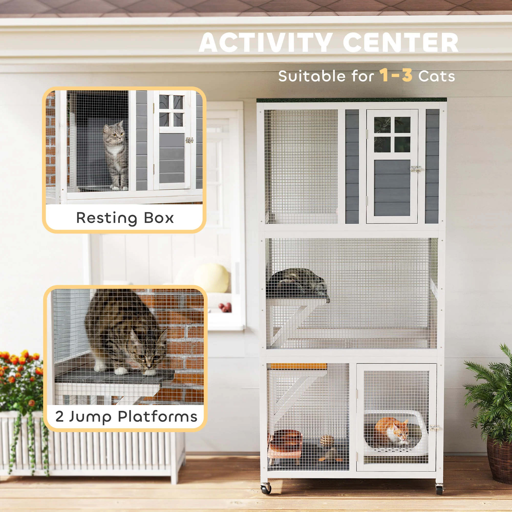 PawHut Wooden Cat House With Asphalt Roof, Cat Cage For Multiple Cats White - Image 3