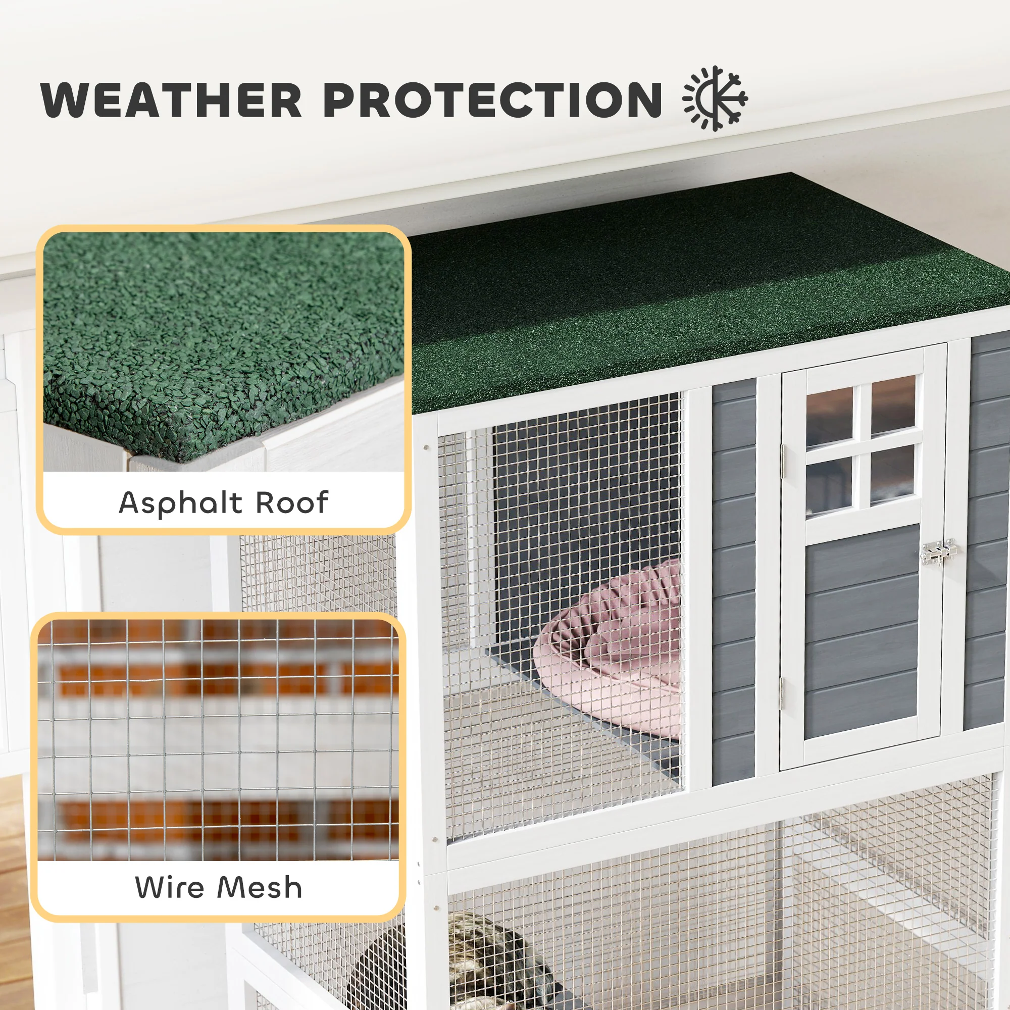 PawHut Wooden Cat House With Asphalt Roof, Cat Cage For Multiple Cats White - Image 4