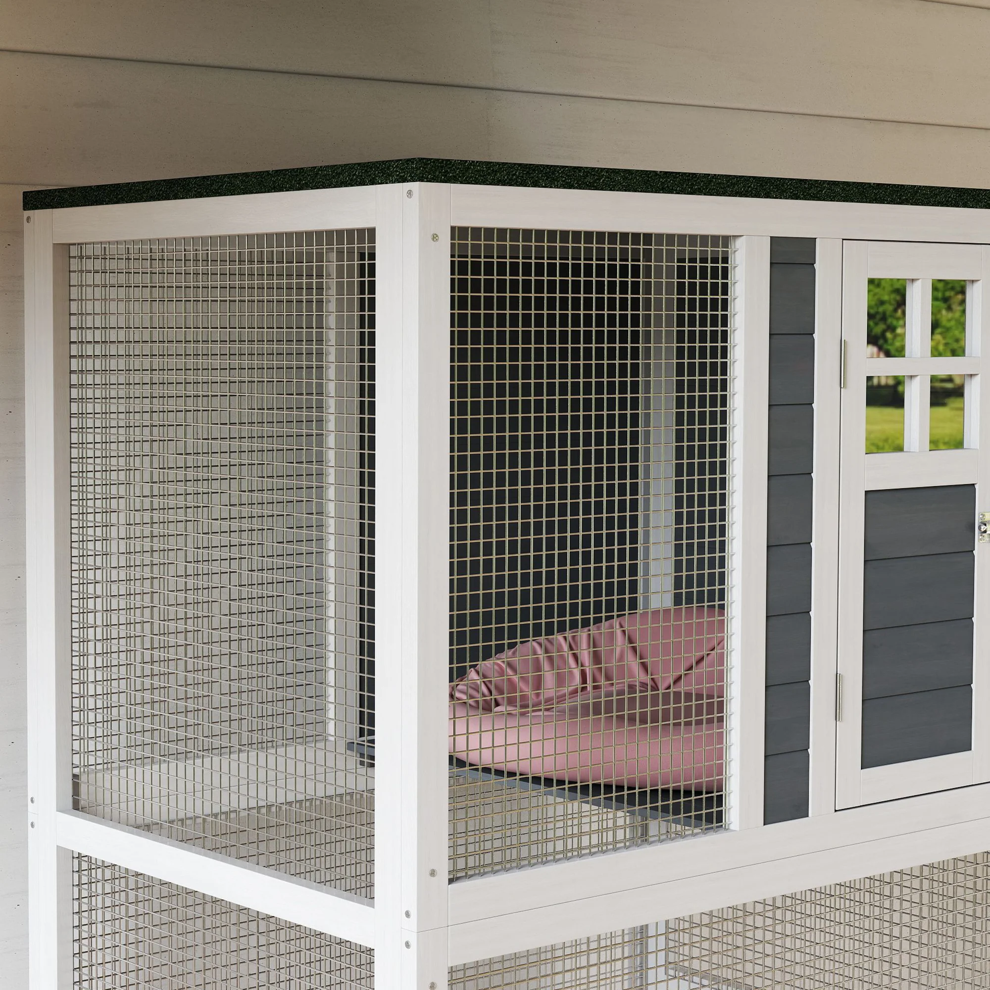 PawHut Wooden Cat House With Asphalt Roof, Cat Cage For Multiple Cats White - Image 8
