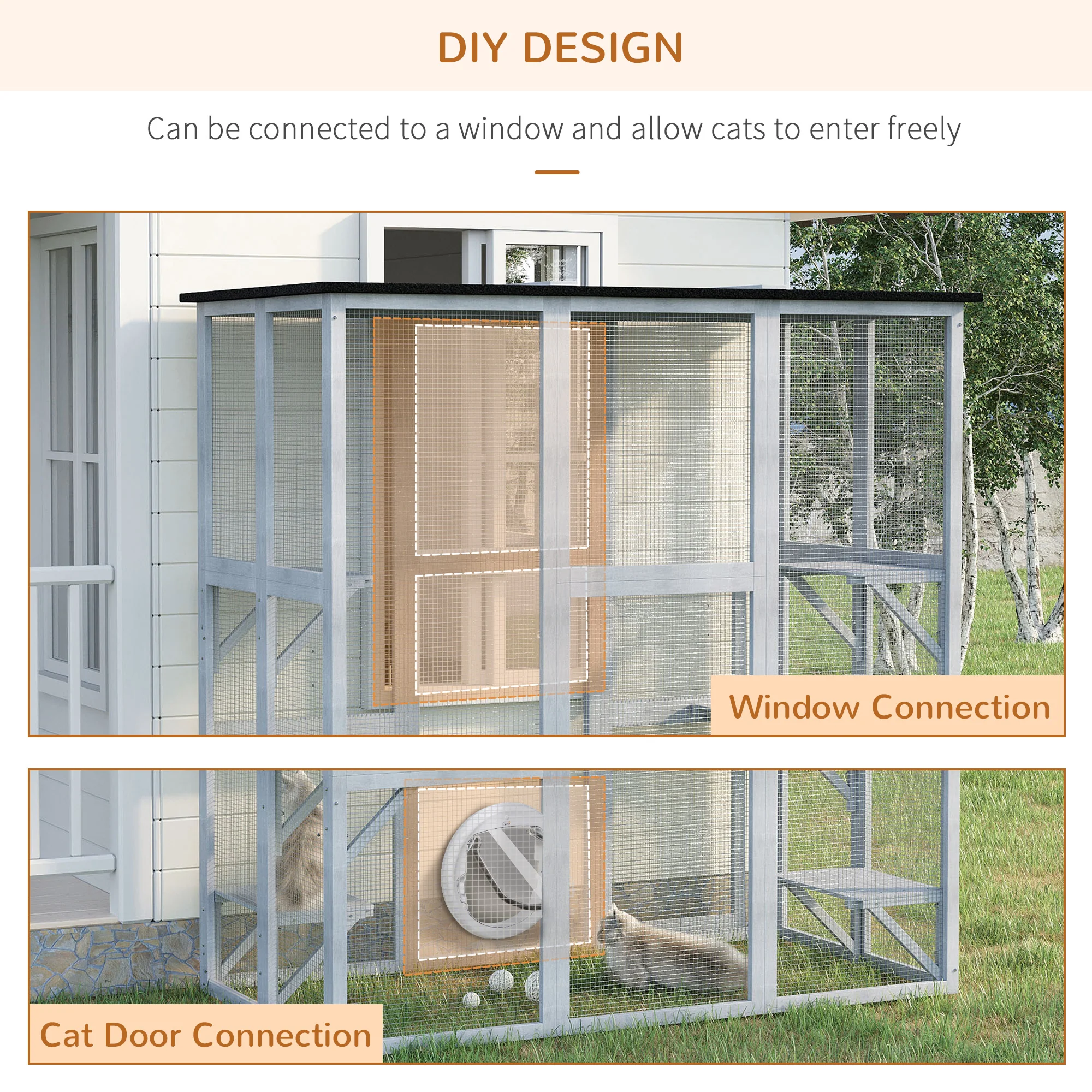 PawHut Wooden Cat House With Platforms, Cat Cage For Multiple Kittens - Image 3