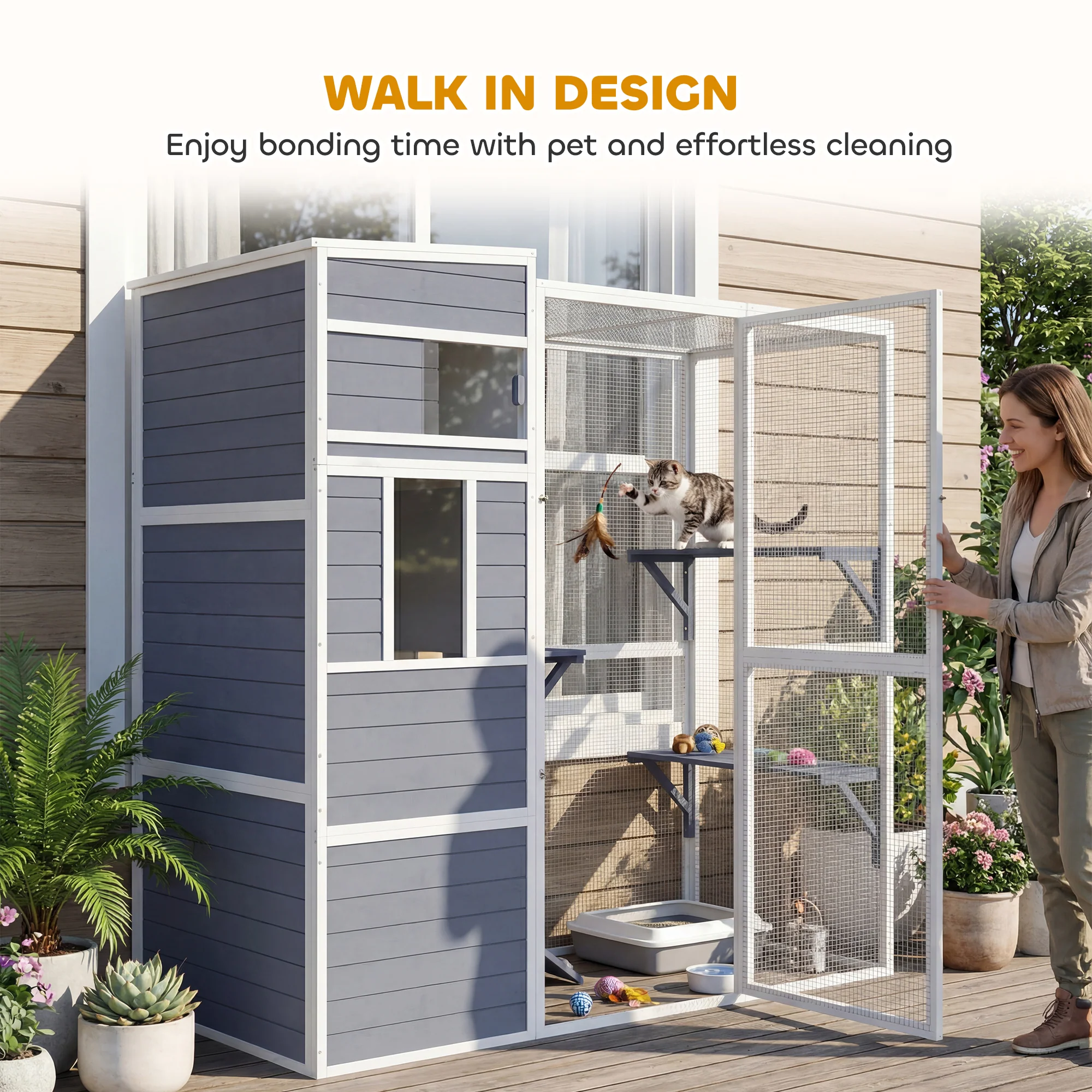 PawHut Wooden Catio with Spacious Resting Rooms, 3 Platforms, Window, Grey - Image 7