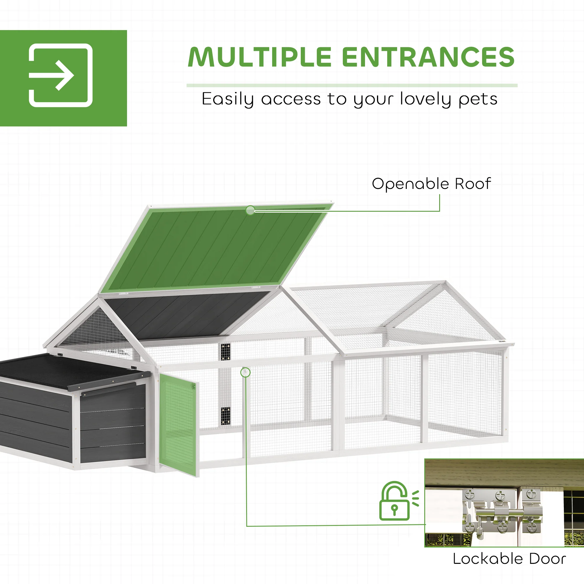 PawHut Wooden Chicken Run with Nesting Box, Openable Roof, for 4-8 Chickens - Image 4