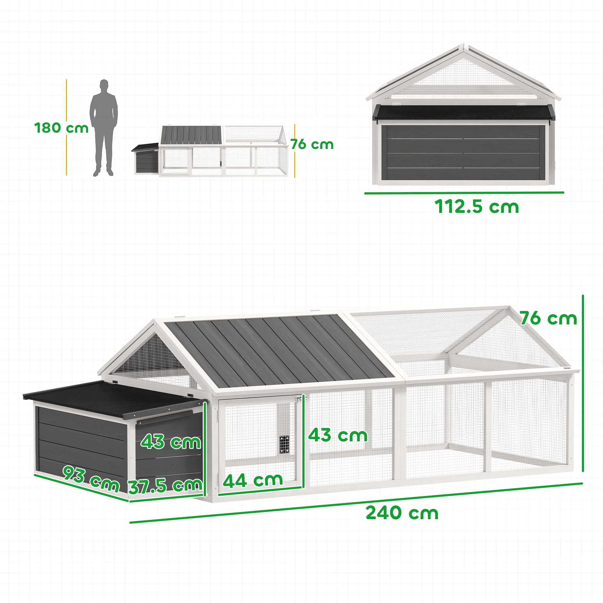 PawHut Wooden Chicken Run with Nesting Box, Openable Roof, for 4-8 Chickens - Image 5