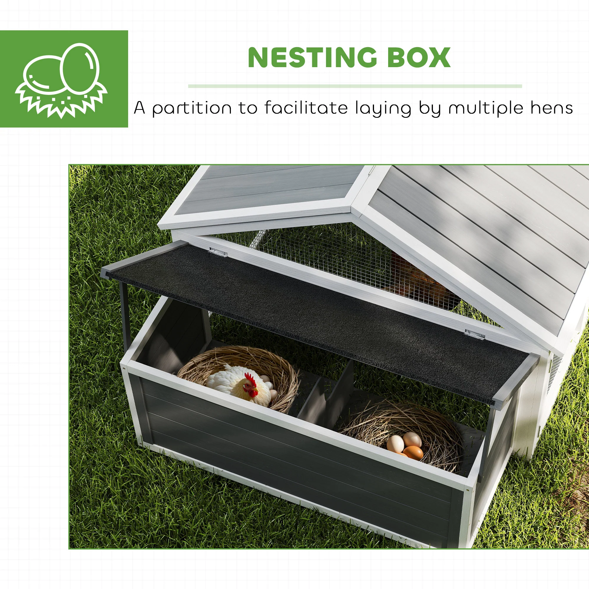 PawHut Wooden Chicken Run with Nesting Box, Openable Roof, for 4-8 Chickens - Image 7