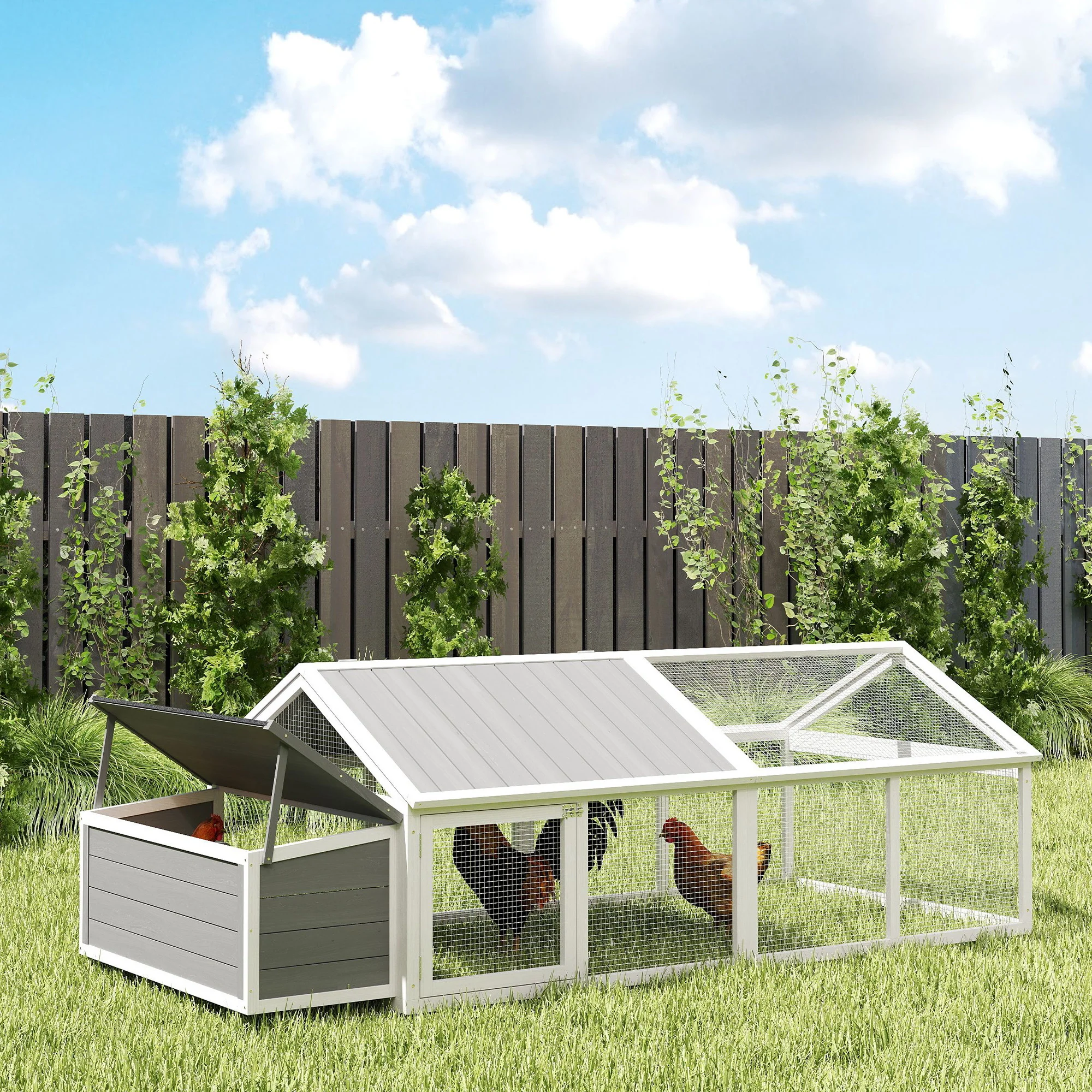 PawHut Wooden Chicken Run with Nesting Box, Openable Roof, for 4-8 Chickens - Image 8