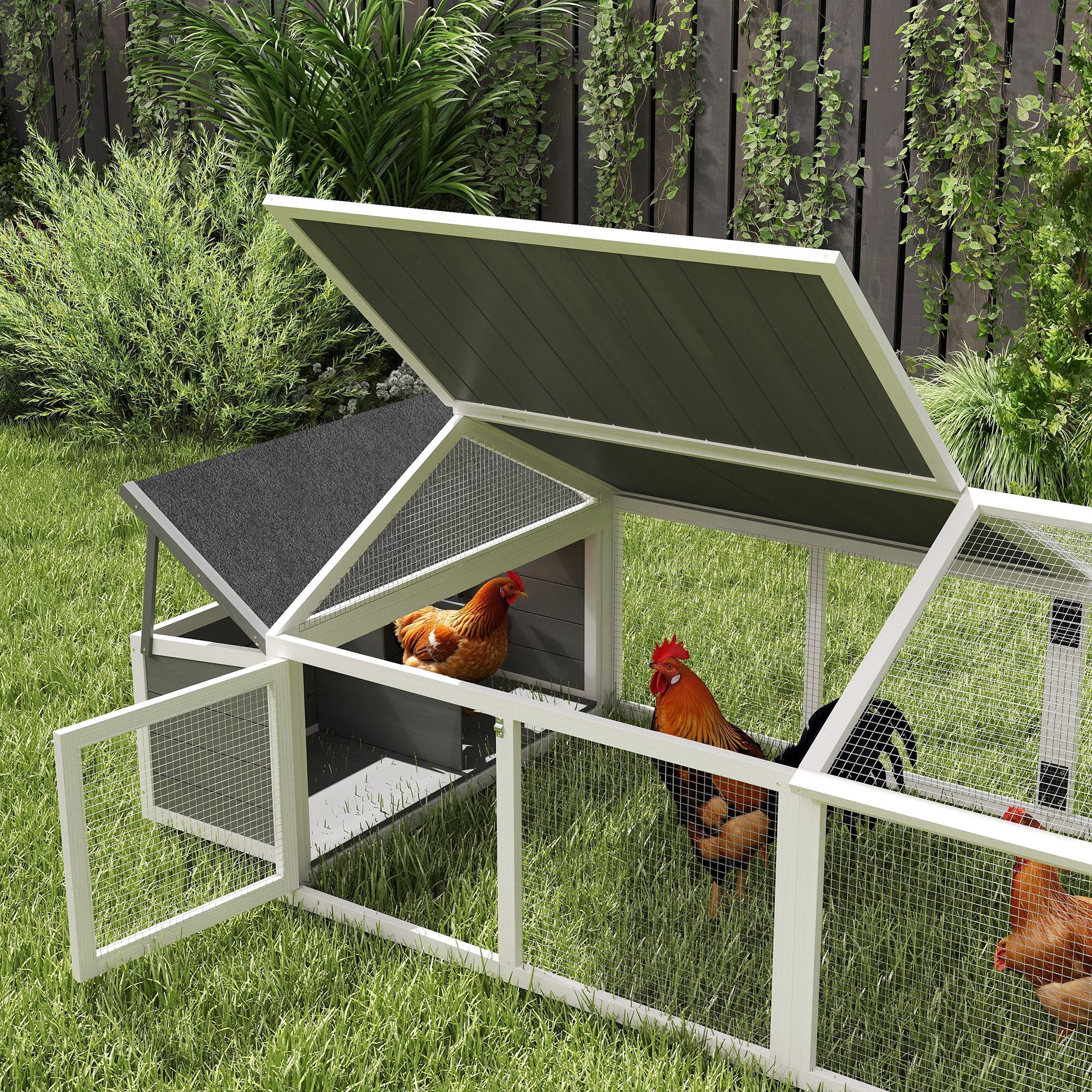 PawHut Wooden Chicken Run with Nesting Box, Openable Roof, for 4-8 Chickens - Image 9