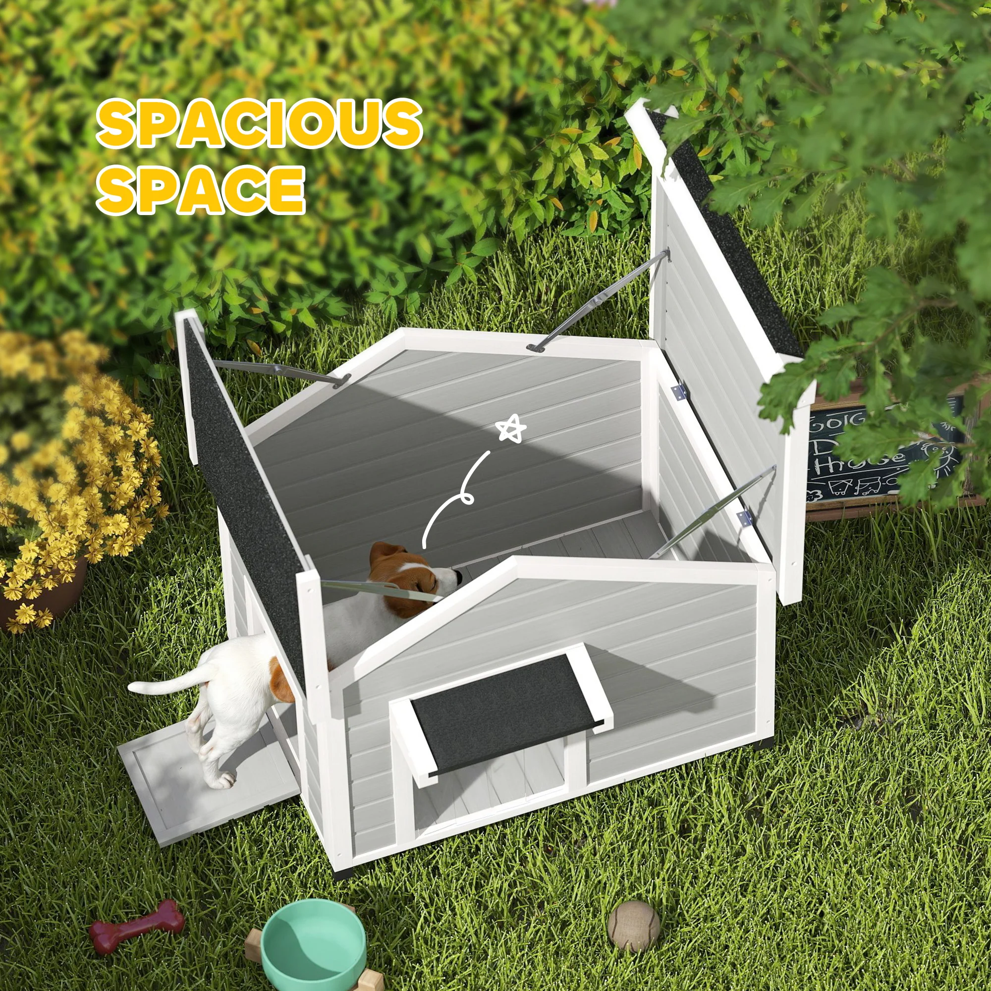 PawHut Wooden Dog House with Openable Roof, Removable Floor, Light Grey - Image 4