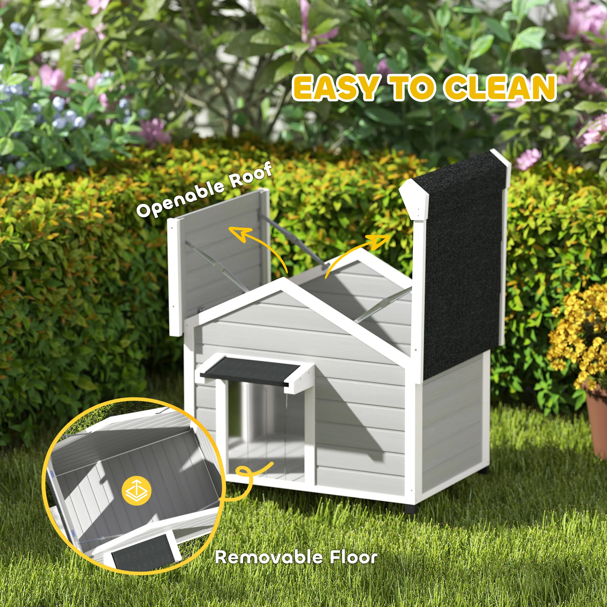 PawHut Wooden Dog House with Openable Roof, Removable Floor, Light Grey - Image 6