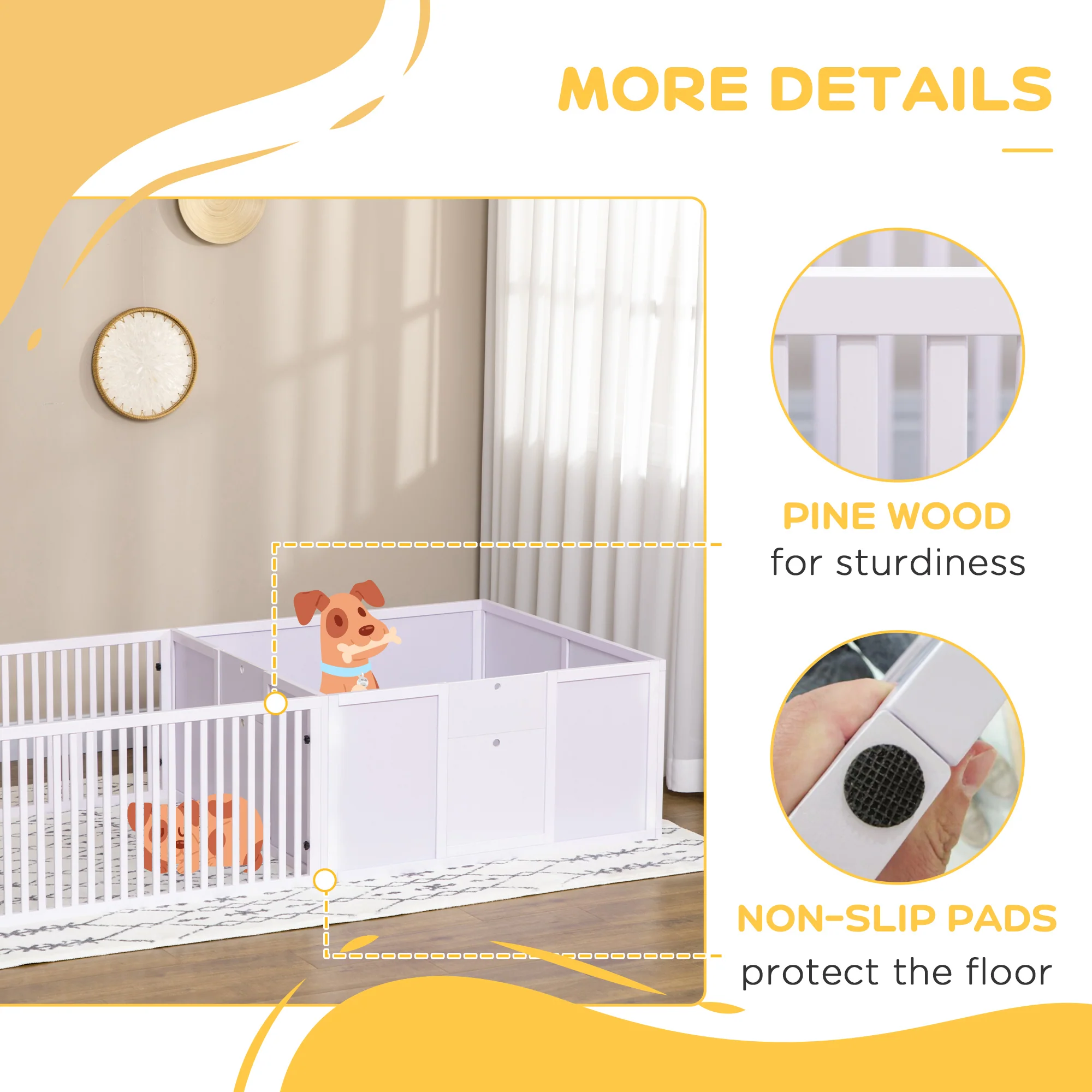 PawHut Wooden Dog Pen Pet Playpen 7 Panels Puppy Pen for Indoors - White - Image 7