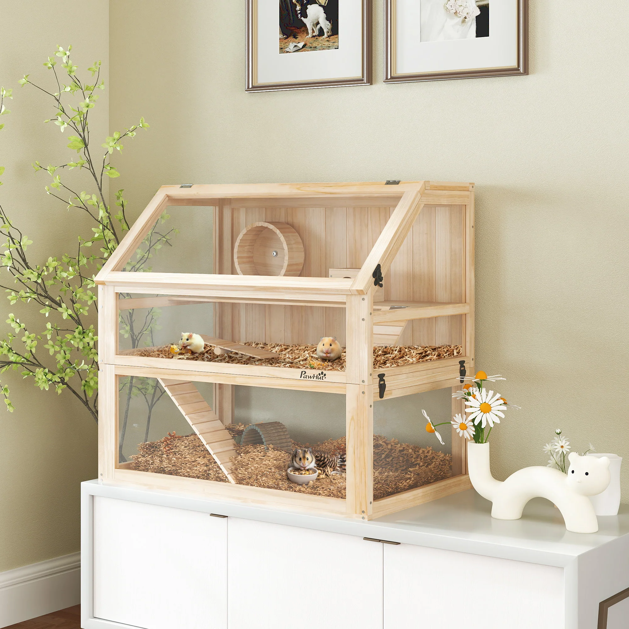 PawHut Wooden Hamster Cage W/ Detachable Bottom, Hut, Seesaw, Natural - Image 2
