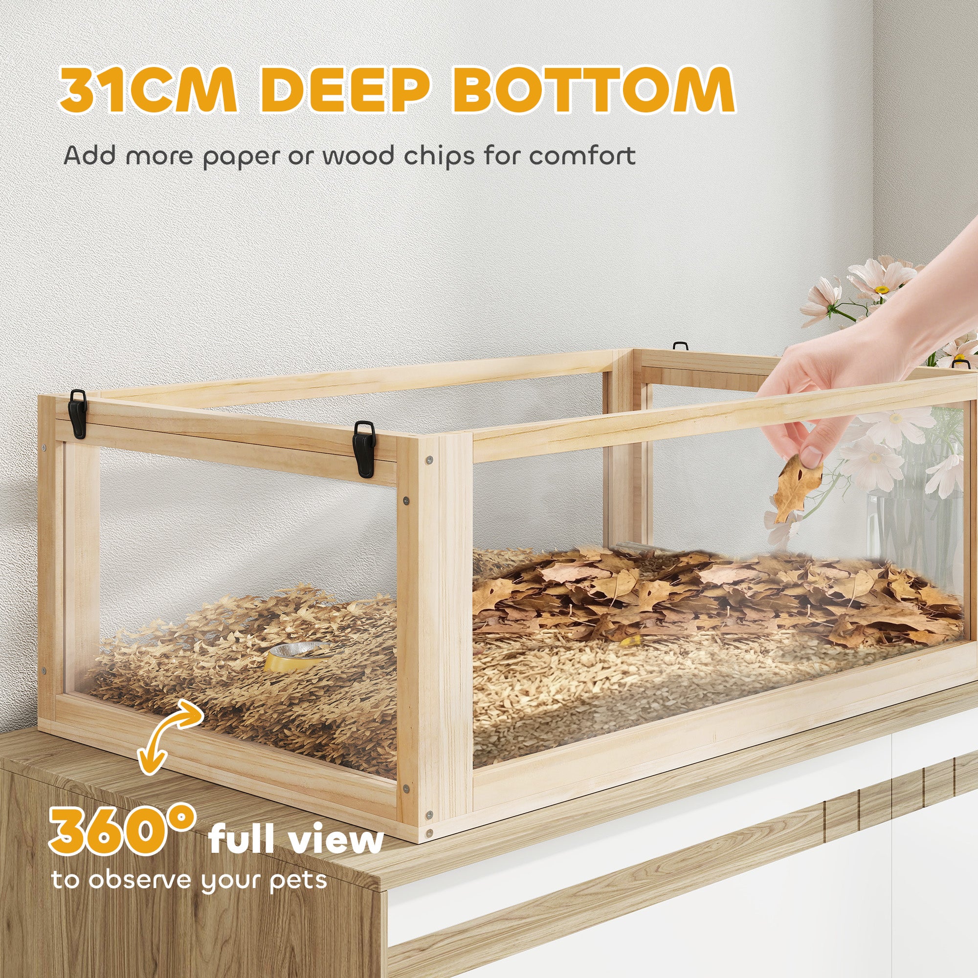PawHut Wooden Hamster Cage W/ Detachable Bottom, Hut, Seesaw, Natural - Image 4