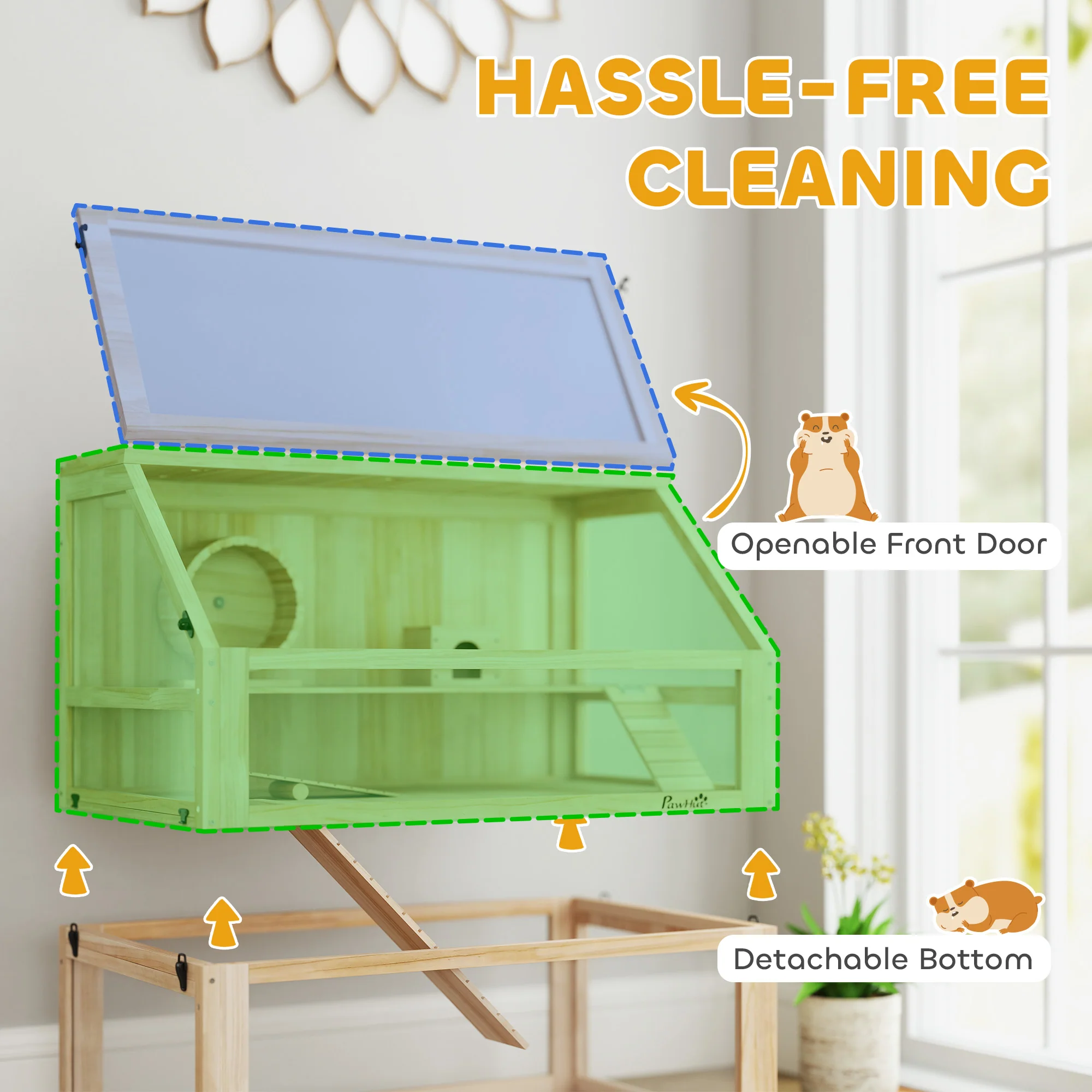 PawHut Wooden Hamster Cage W/ Detachable Bottom, Hut, Seesaw, Natural - Image 6