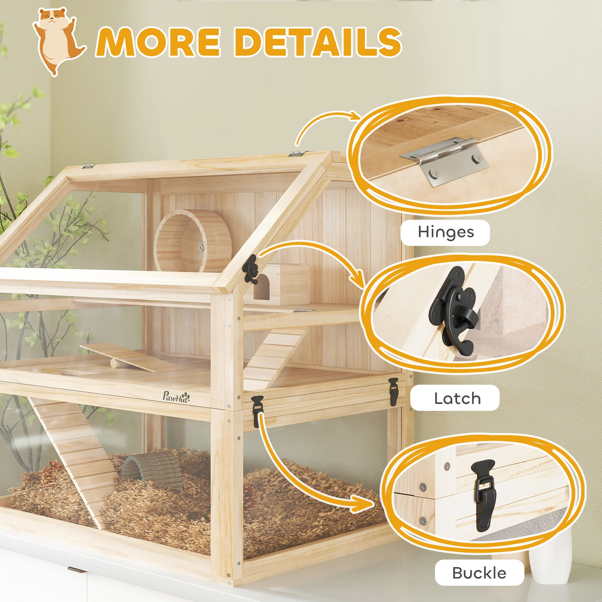 PawHut Wooden Hamster Cage W/ Detachable Bottom, Hut, Seesaw, Natural - Image 8