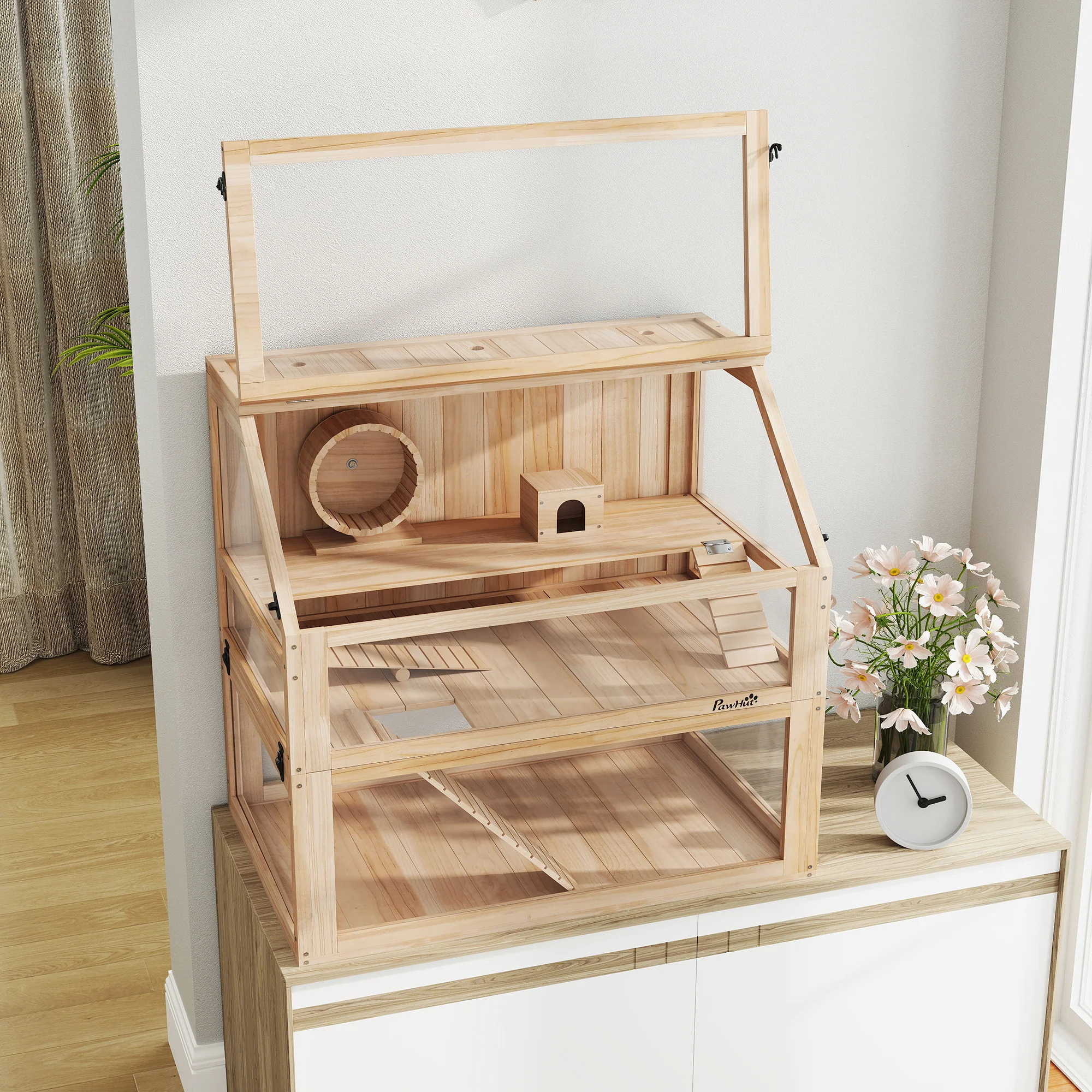 PawHut Wooden Hamster Cage W/ Detachable Bottom, Hut, Seesaw, Natural - Image 9
