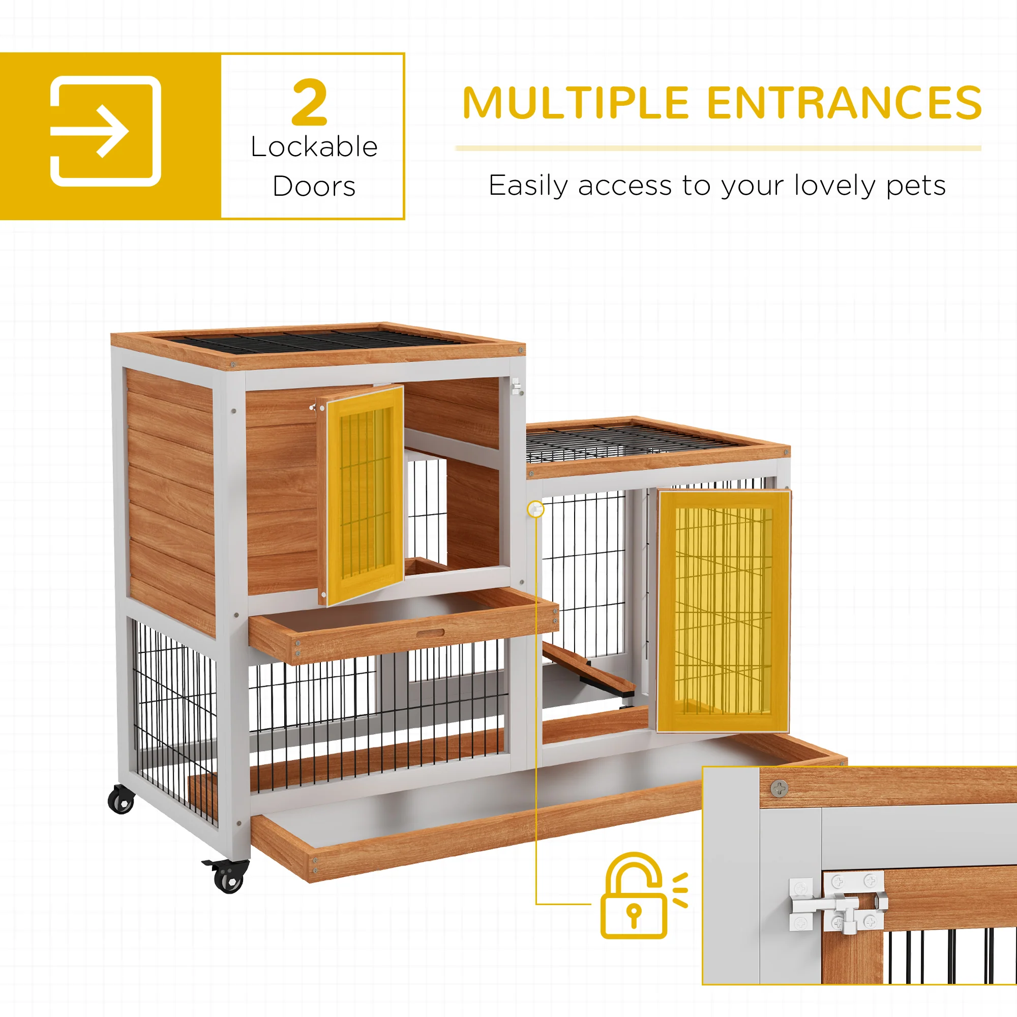 PawHut Wooden Indoor Rabbit Hutch Elevated Bunny Cage W/ Enclosed Run Wheel - Image 8