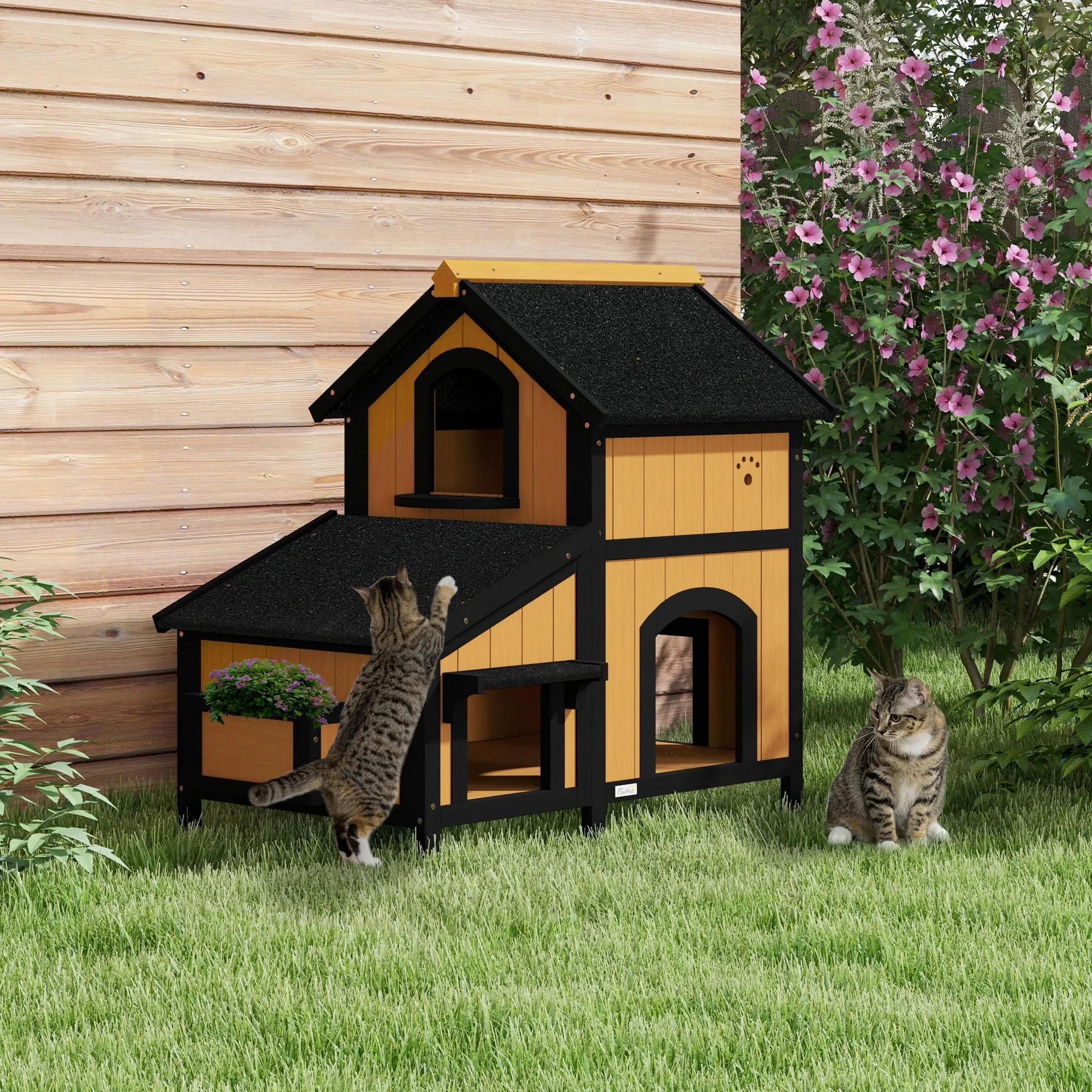 PawHut Wooden Outdoor Cat House w/ Flower Pot, Windows, Multiple Entrances - Image 2