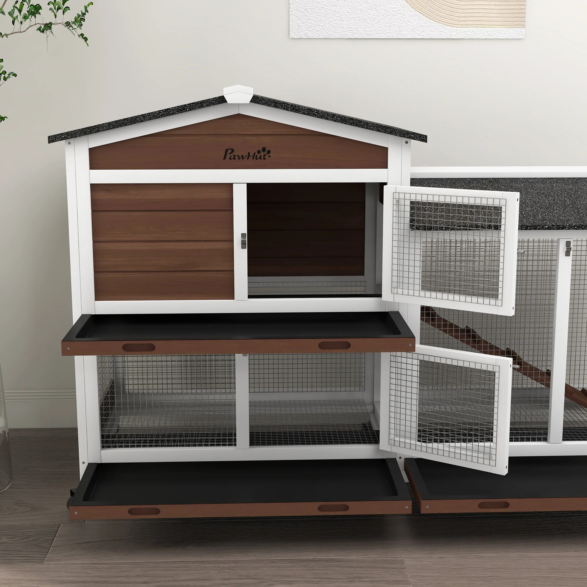 PawHut Wooden Rabbit Hutch Guinea Pig Cage w/ Wheels, Run, Ramp - Image 18