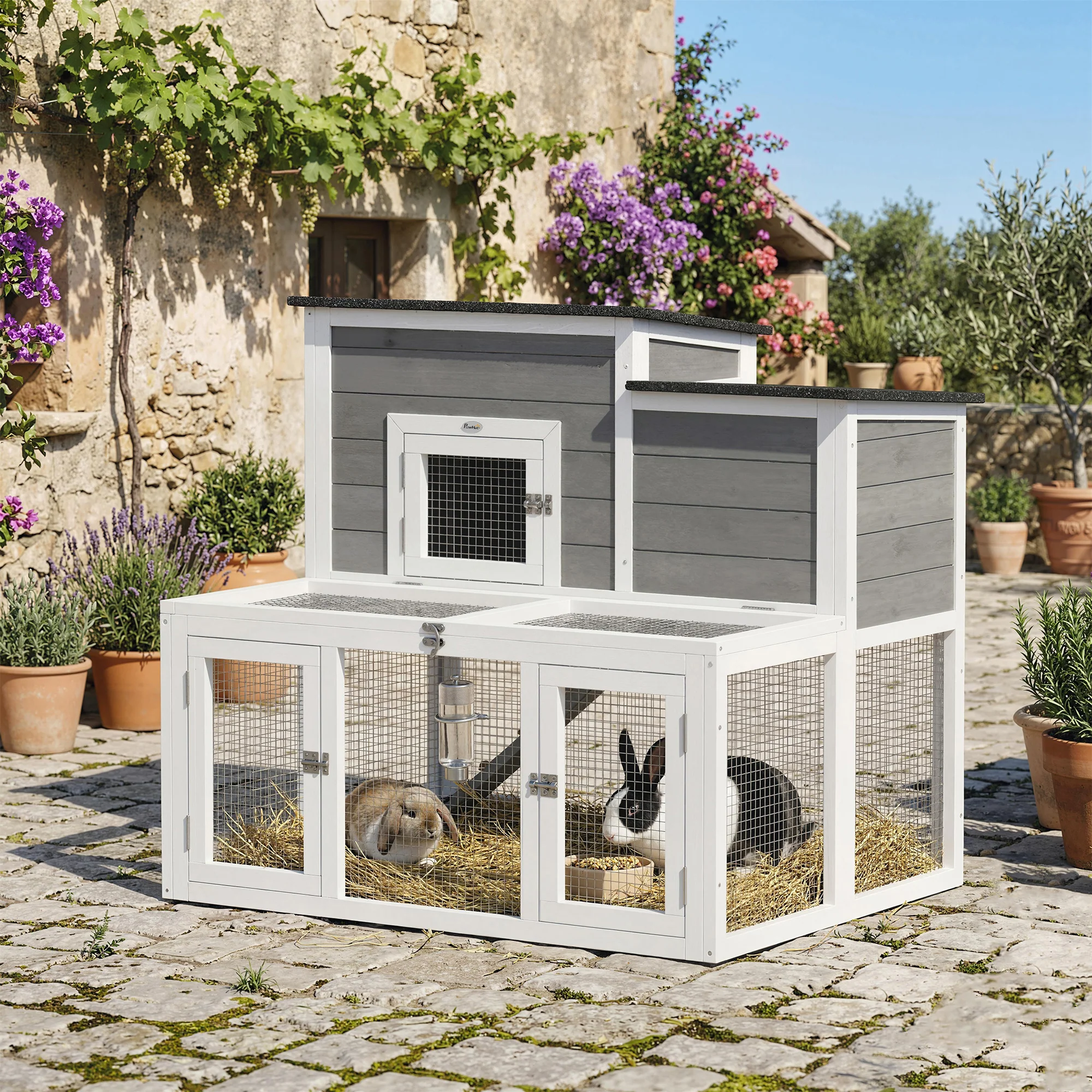 PawHut Wooden Rabbit Hutch, Outdoor Bunny Cage with Waterproof Roof - Image 2
