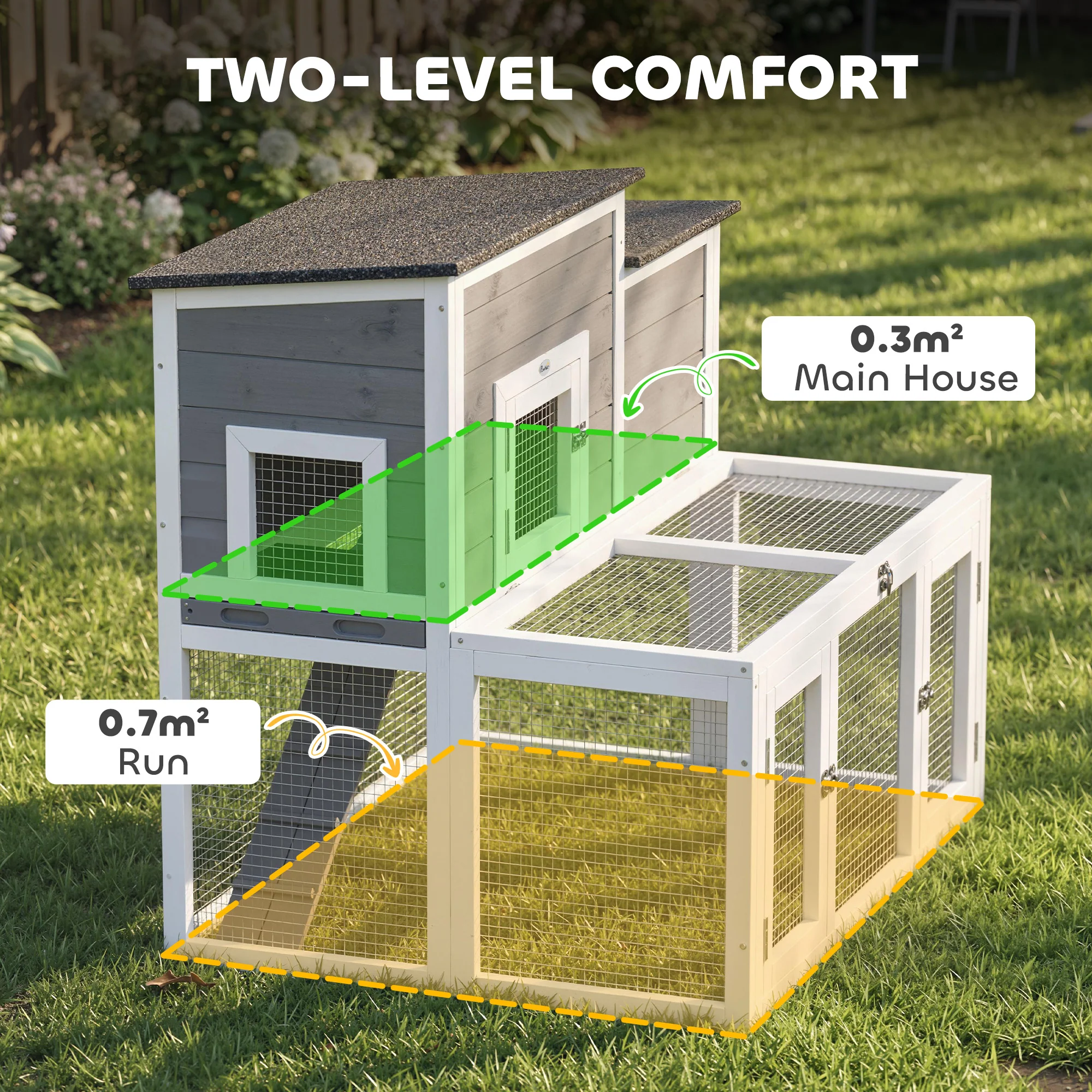 PawHut Wooden Rabbit Hutch, Outdoor Bunny Cage with Waterproof Roof - Image 3