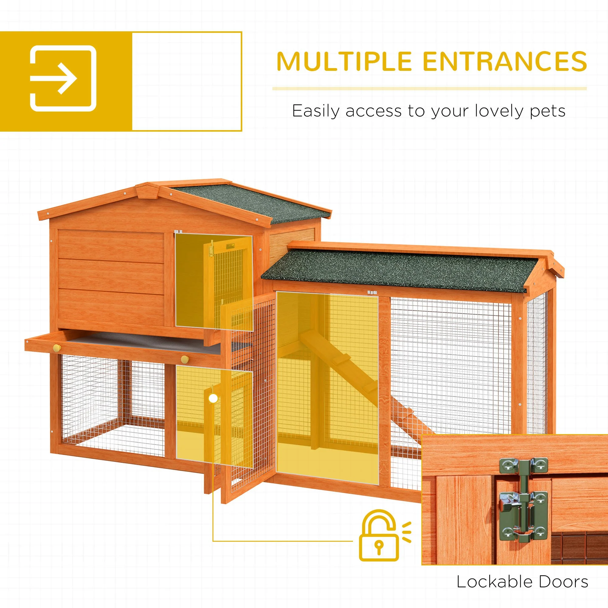 PawHut Wooden Rabbit Hutch with Run, Ramp, Slide-out Tray, Orange - Image 4