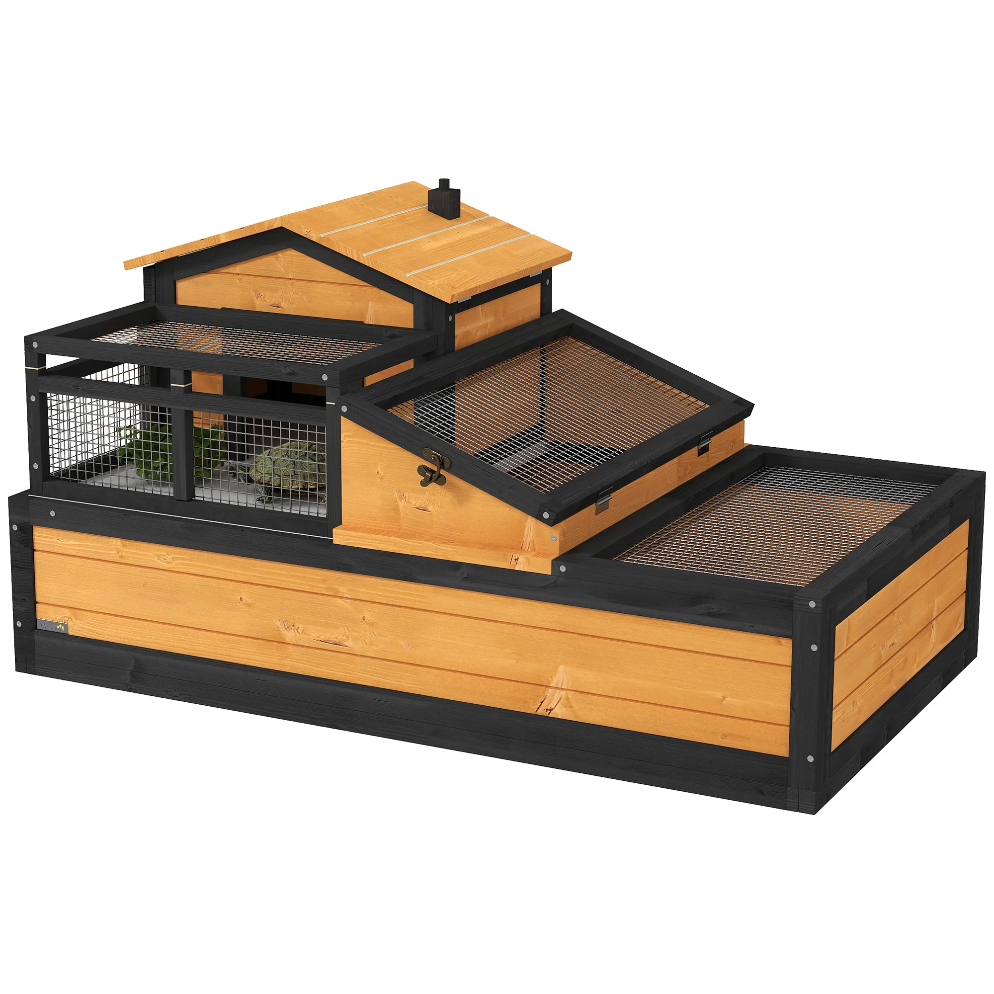 PawHut Wooden Tortoise House Indoor Outdoor w/ Balcony, Tray, Openable Roof