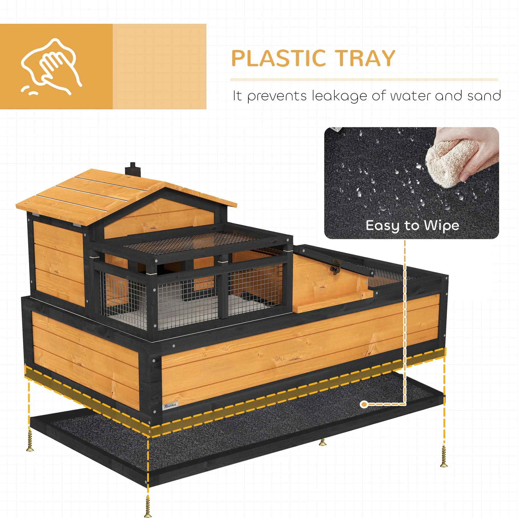 PawHut Wooden Tortoise House Indoor Outdoor w/ Balcony, Tray, Openable Roof - Image 6