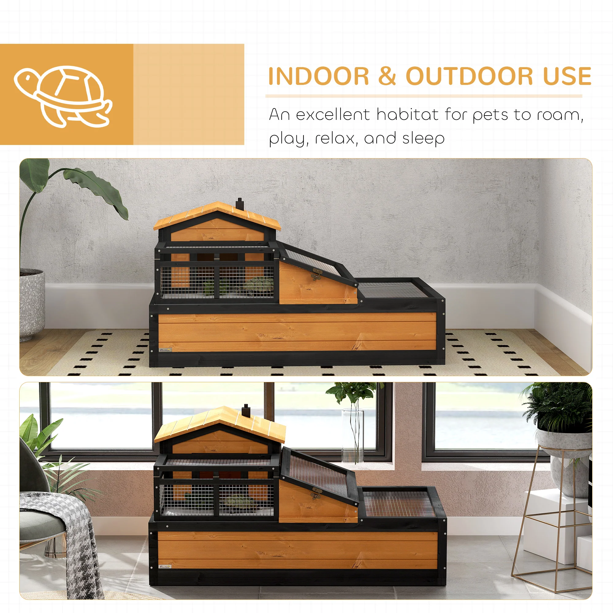 PawHut Wooden Tortoise House Indoor Outdoor w/ Balcony, Tray, Openable Roof - Image 8