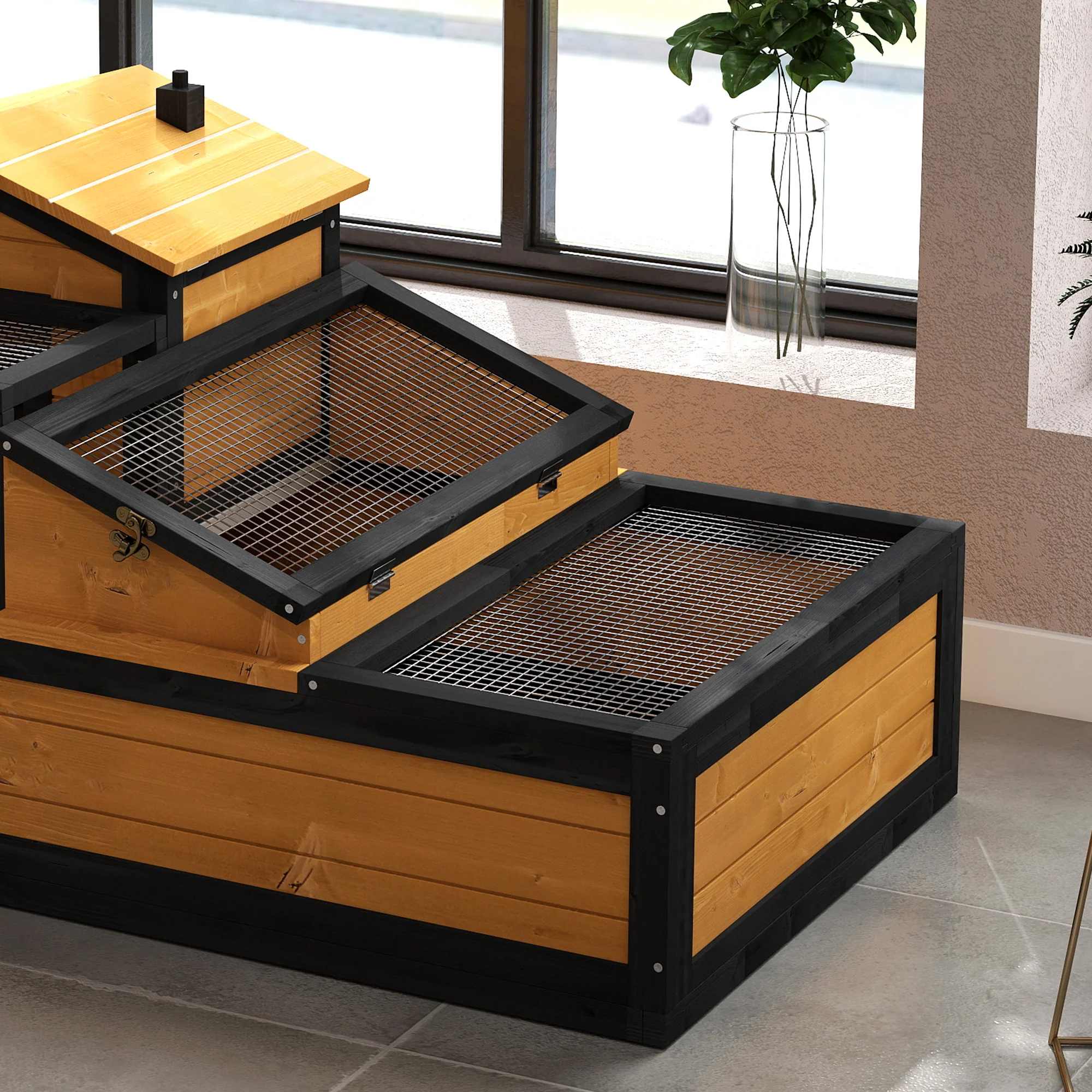PawHut Wooden Tortoise House Indoor Outdoor w/ Balcony, Tray, Openable Roof - Image 9