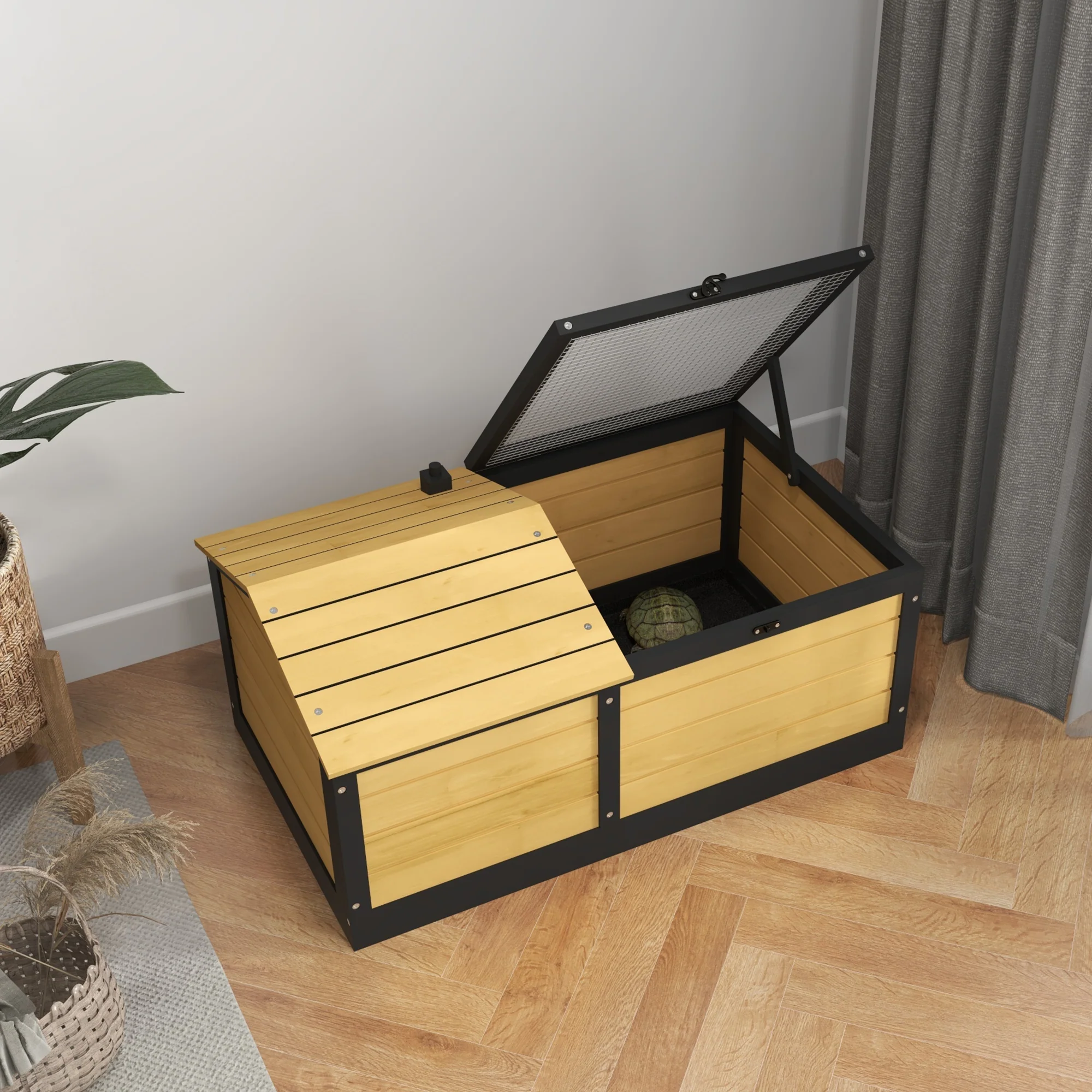 PawHut Wooden Tortoise House, Small Pet Reptile with Hide Shelter Den and Run - Image 8