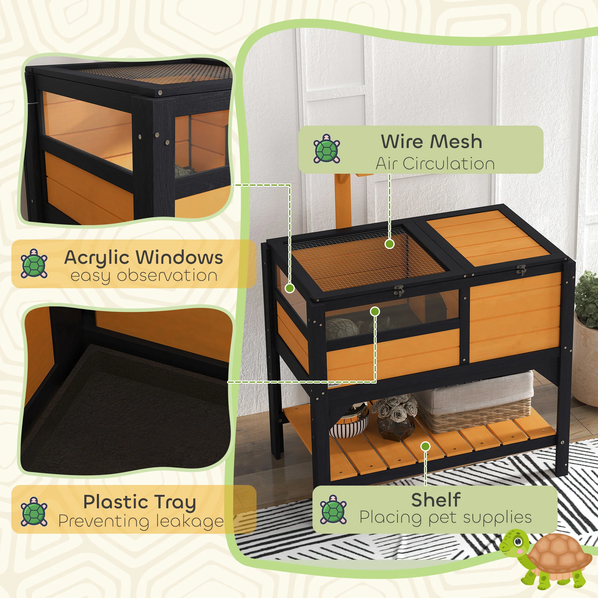 PawHut Wooden Tortoise House w/ Run, Shelter, Shelf, Lamp Holder, Yellow - Image 7