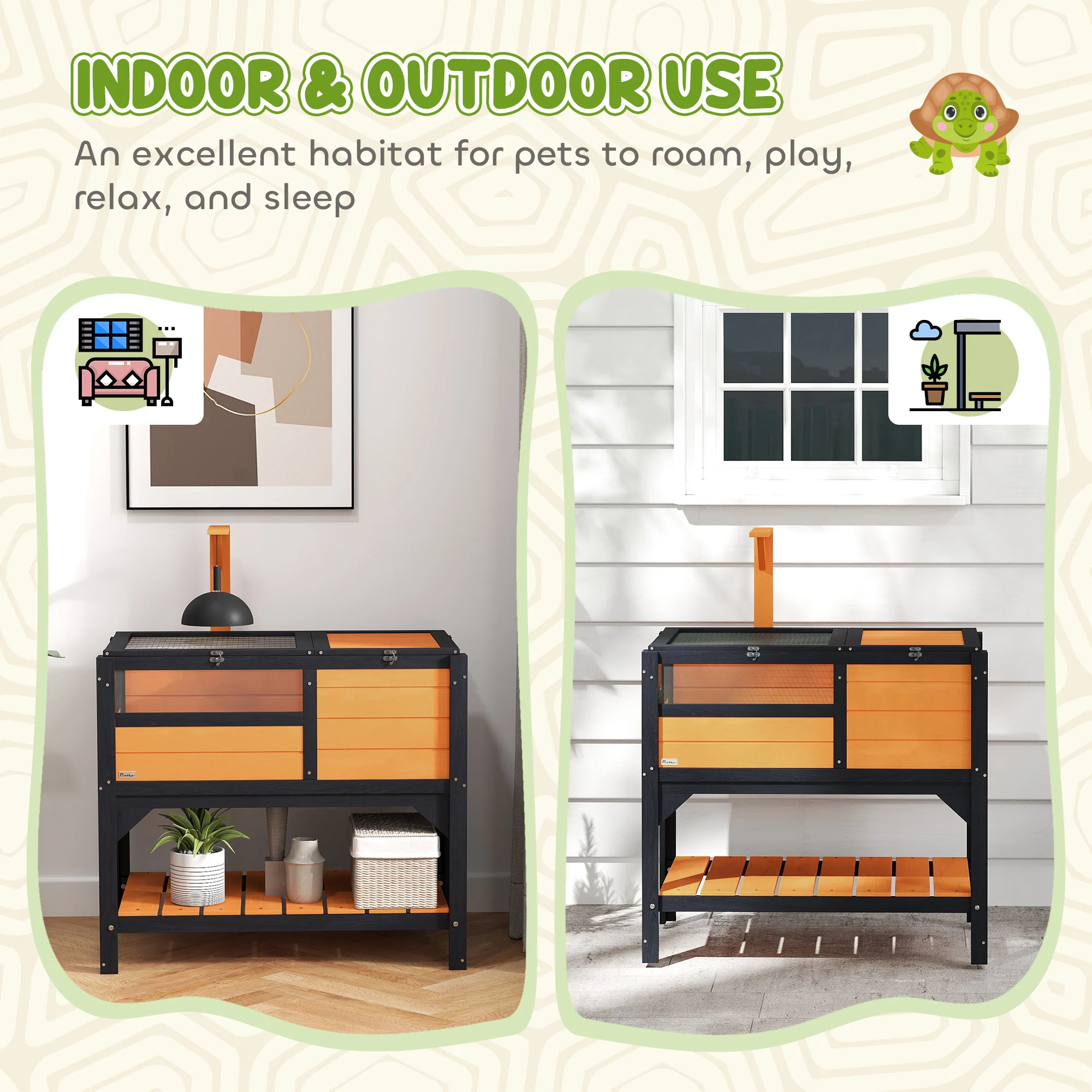 PawHut Wooden Tortoise House w/ Run, Shelter, Shelf, Lamp Holder, Yellow - Image 8