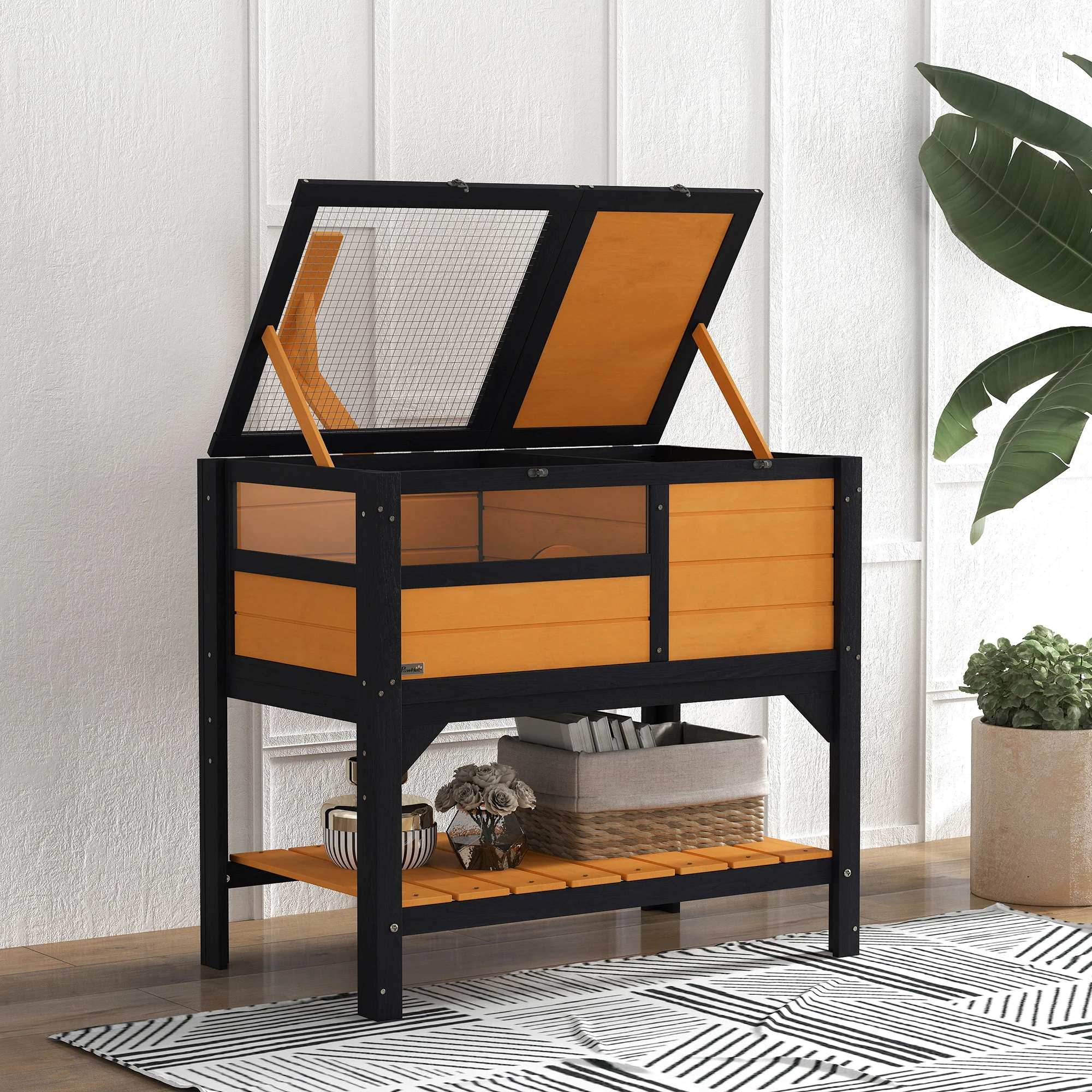 PawHut Wooden Tortoise House w/ Run, Shelter, Shelf, Lamp Holder, Yellow - Image 9