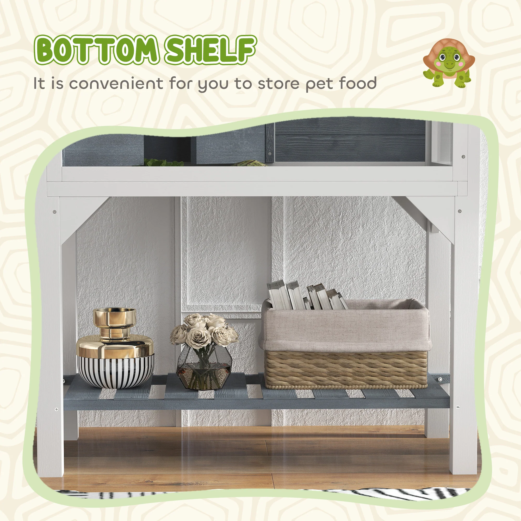 PawHut Wooden Tortoise House with Storage Shelf, Clear Observation Windows - Image 3
