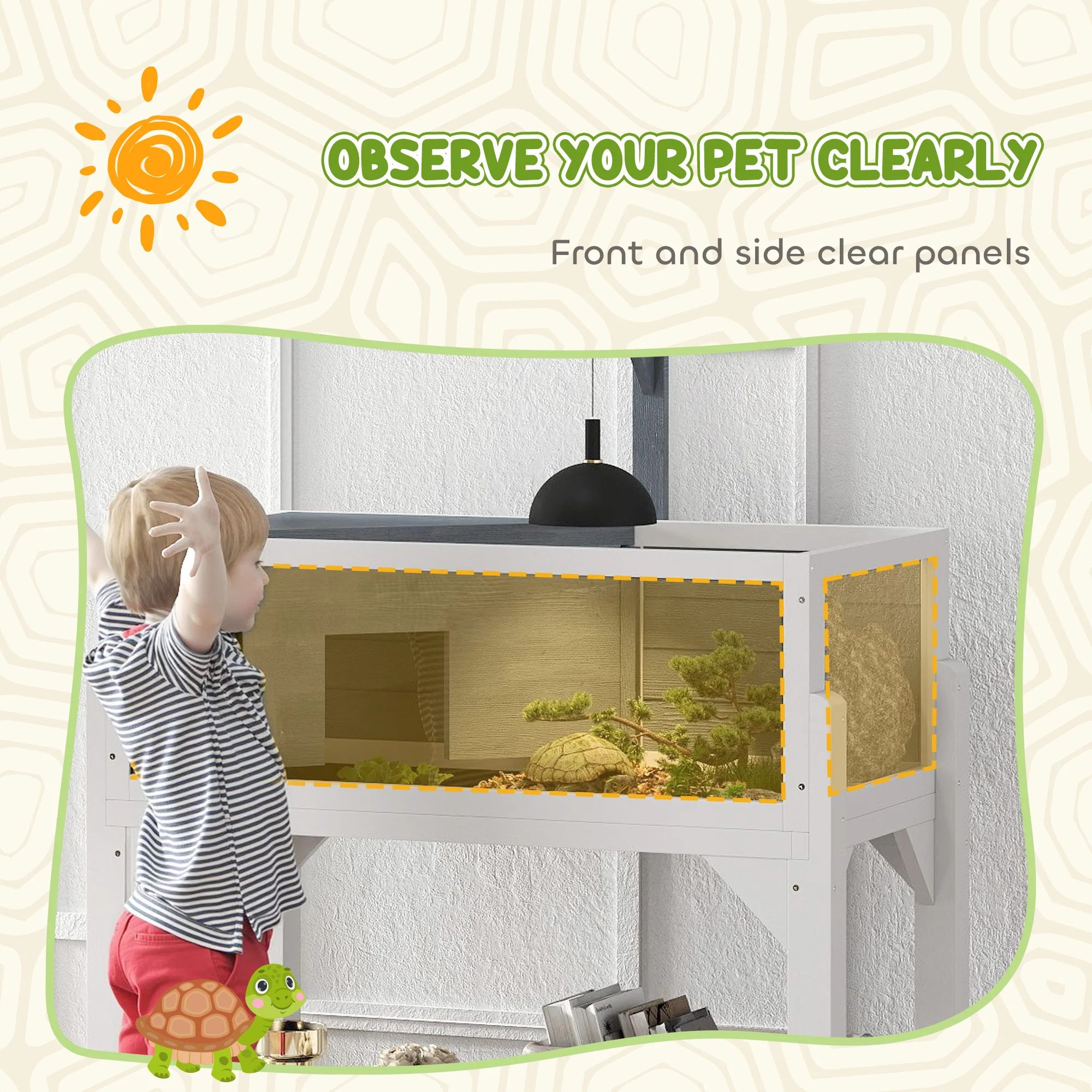 PawHut Wooden Tortoise House with Storage Shelf, Clear Observation Windows - Image 4
