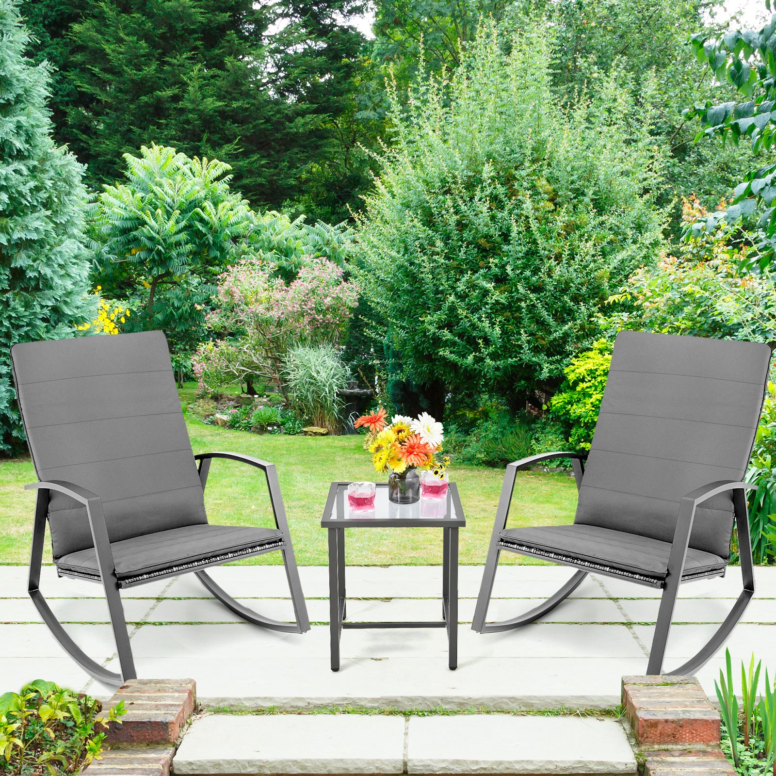 PE Rattan Rocking Chairs with Tempered Glass Side Table-Grey - Image 2