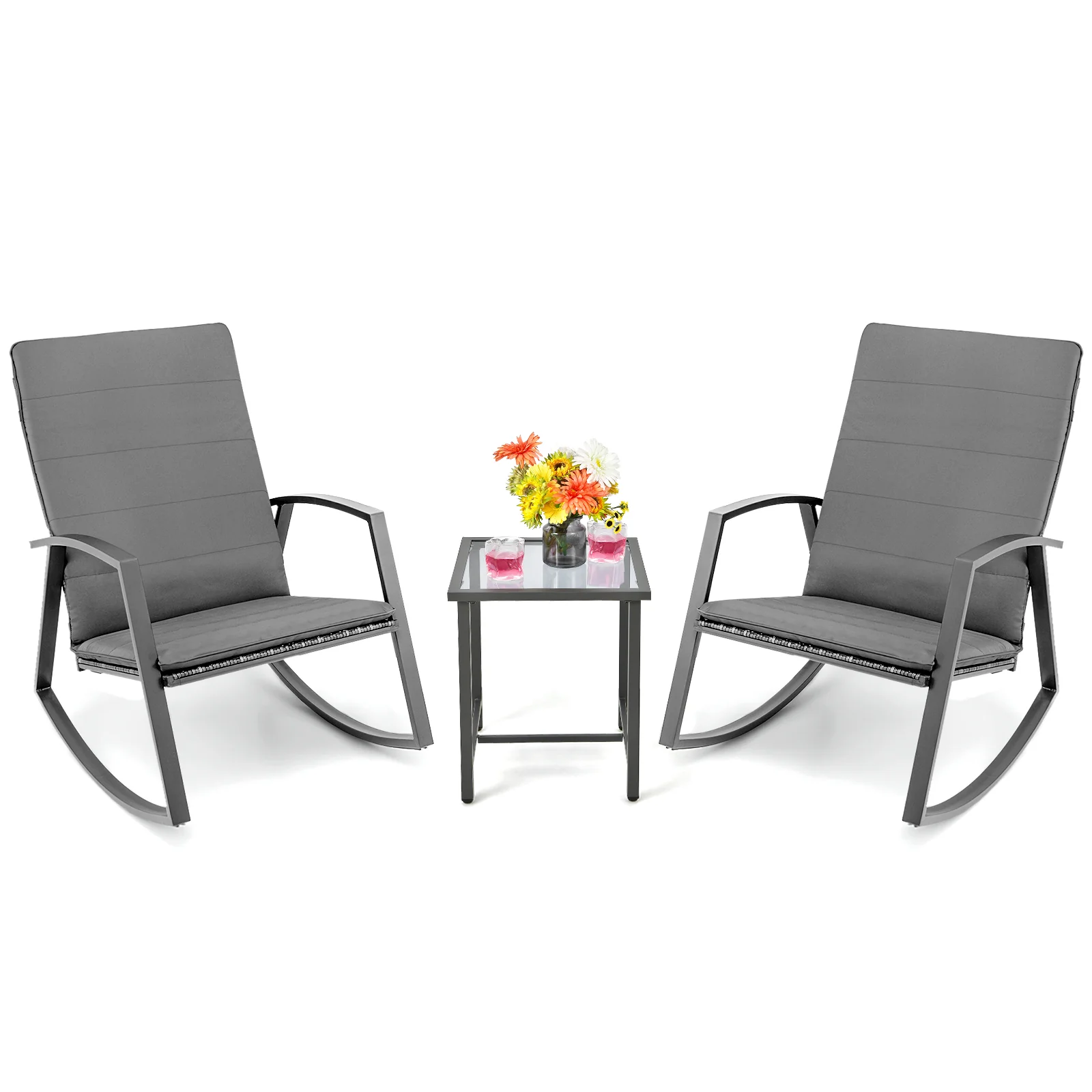 PE Rattan Rocking Chairs with Tempered Glass Side Table-Grey - Image 9