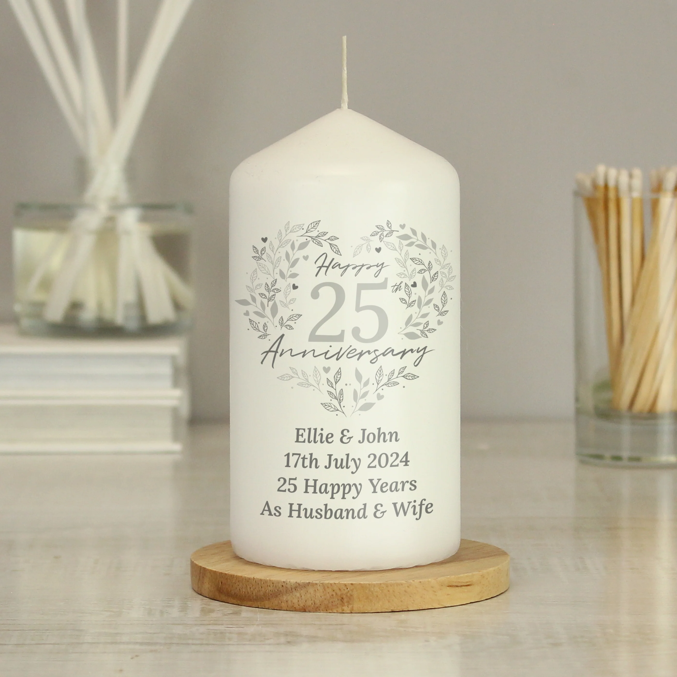 Personalised 25th Silver Wedding Anniversary Pillar Candle - Image 4