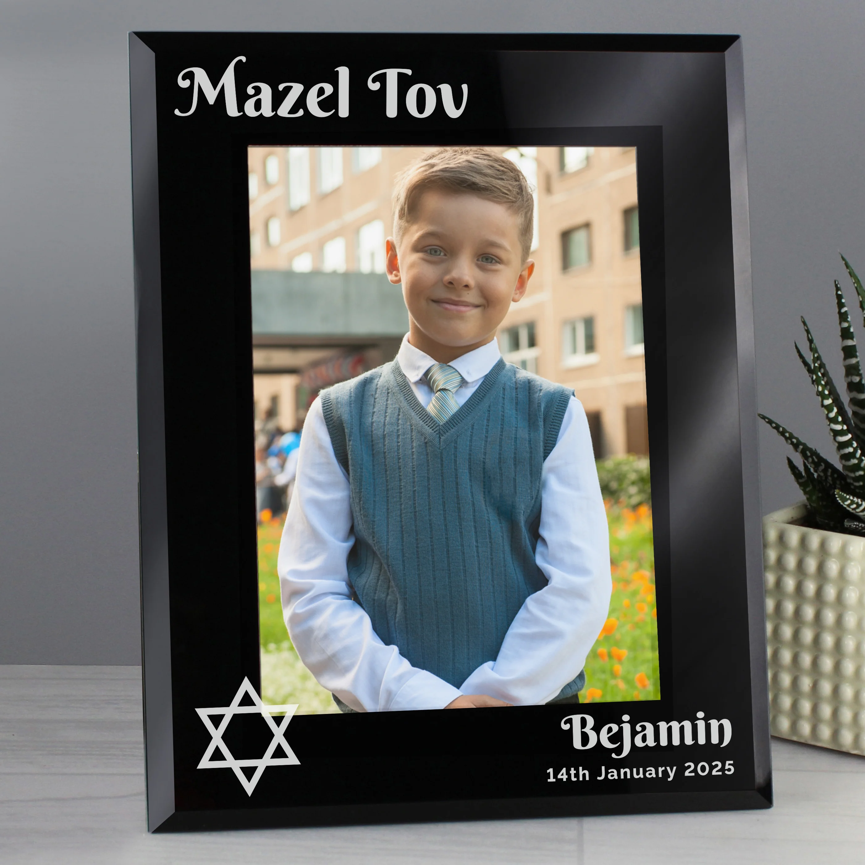 Personalised Bar and Bat Mitzvah Black Glass 5x7 Photo Frame - Image 3