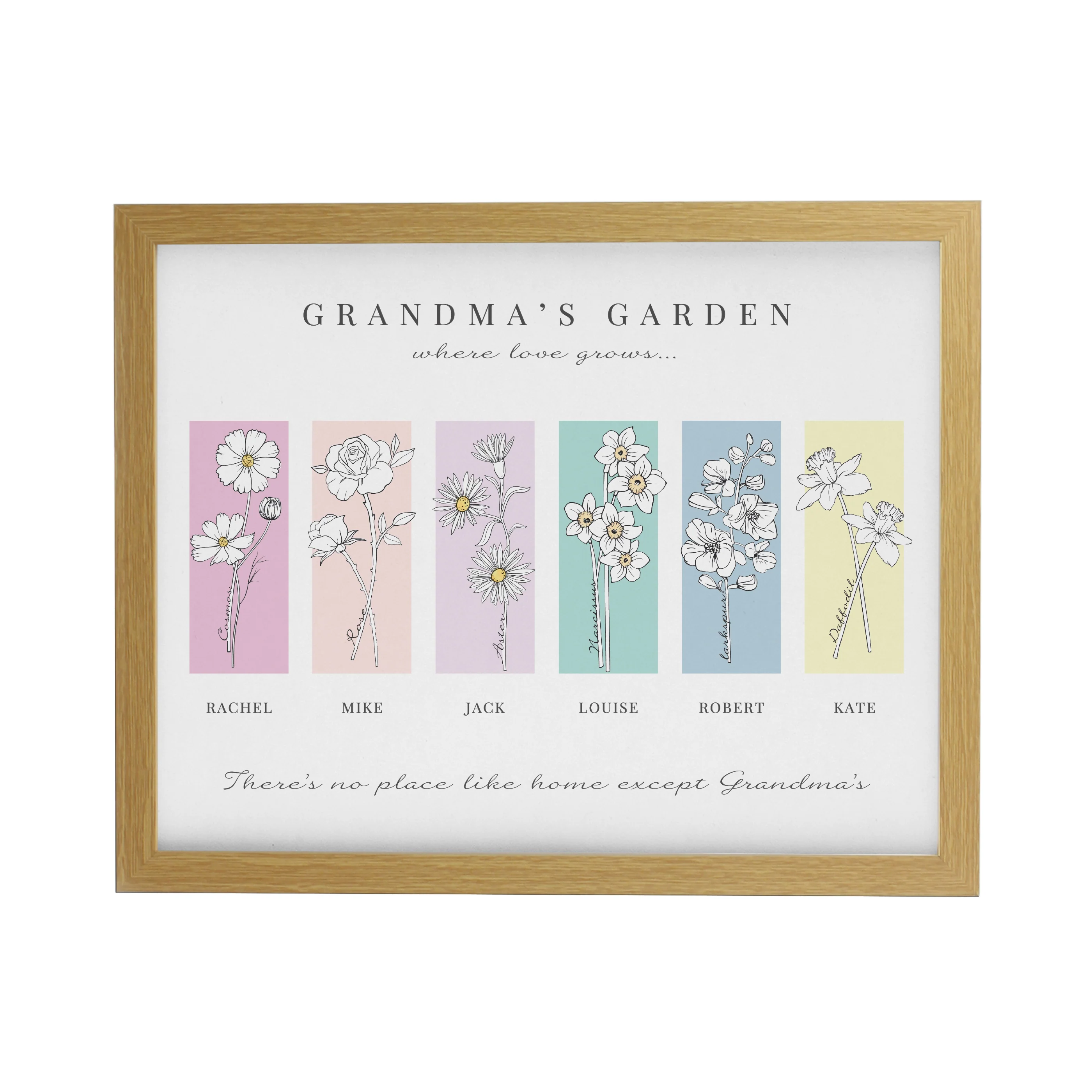 Personalised Birth Flower Family of 6 Oak Framed Print - Image 3